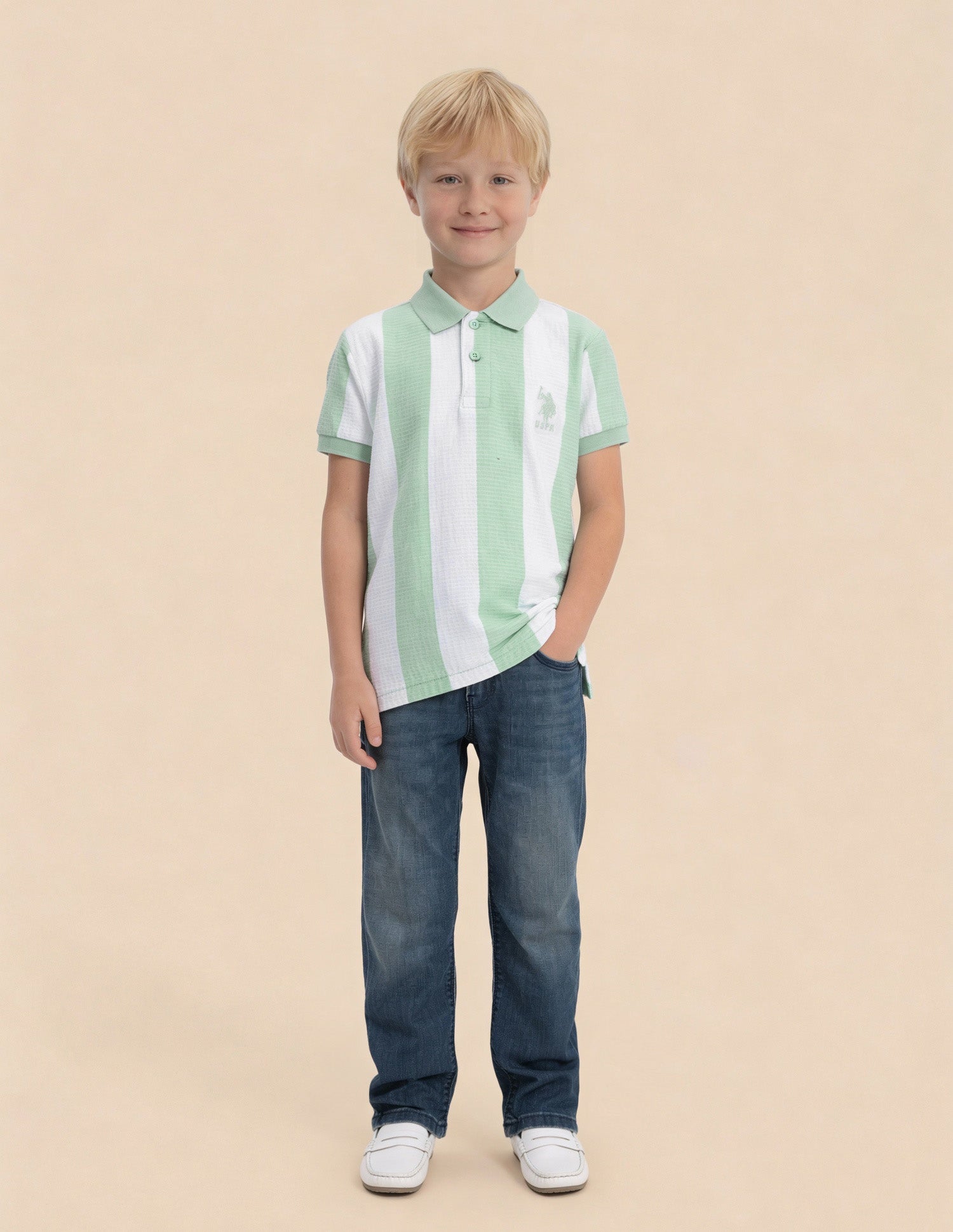 Boys Vertical Striped Regular Fit Polo Shirt Light Green - U.S. Polo Assn. India | Large