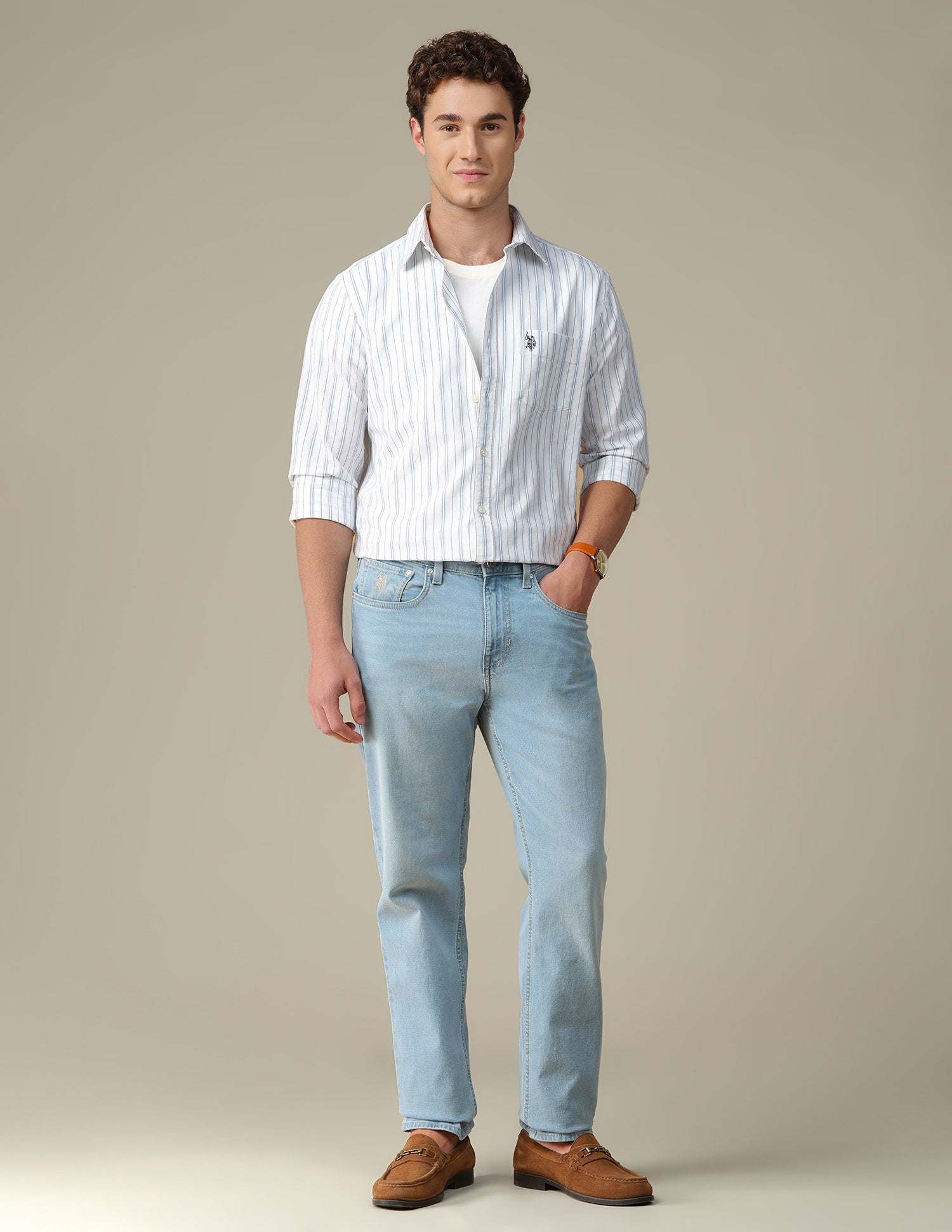 Tailored Fit Vertical Striped Shirt Light Blue - U.S. Polo Assn. India | Large