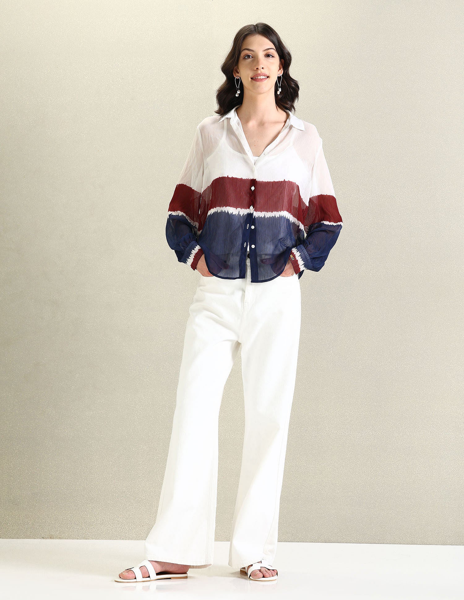 Colour Blocked Chiffon Shirt White, Red, and Navy - U.S. POLO ASSN. | Large