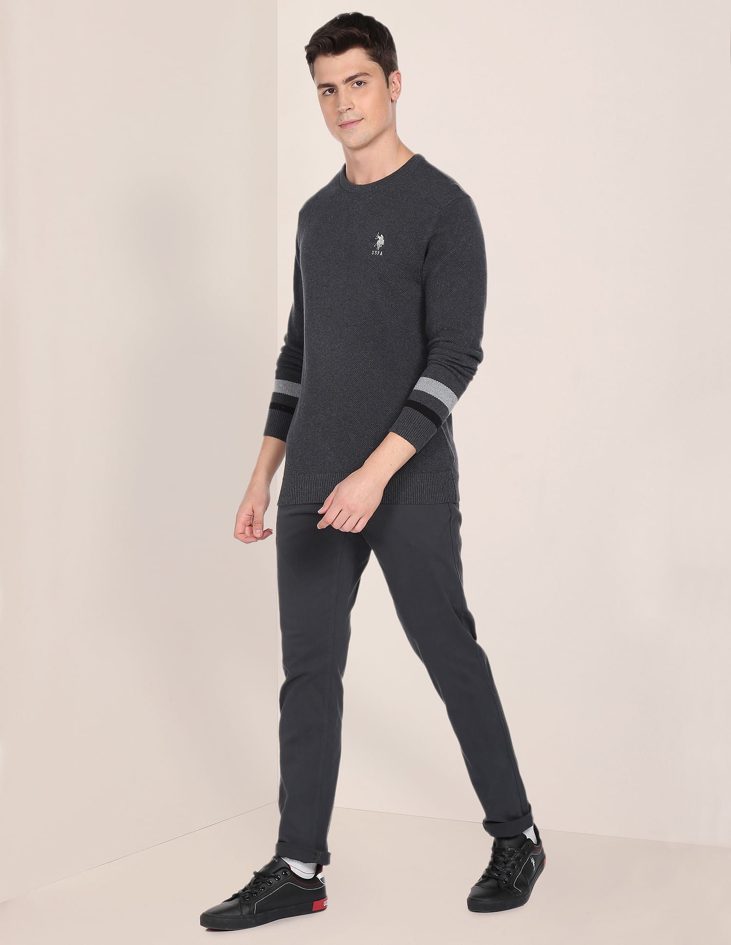 Crew Neck Striped Sleeve Textured Cotton Sweater Charcoal - U.S. Polo Assn. India | Large