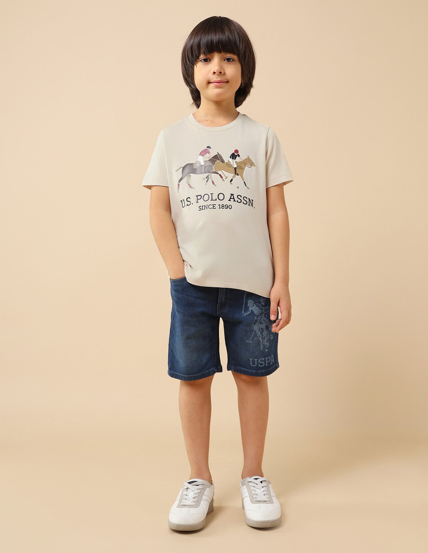 Boys Graphic Brand Printed Regular Fit T-Shirt Ecru - U.S. POLO ASSN. | Large