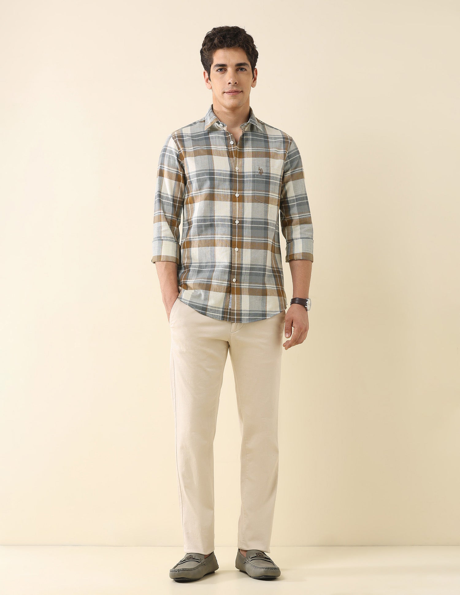 Plaid Checked Tailored Fit Shirt Beige - U.S. Polo Assn. India | Large