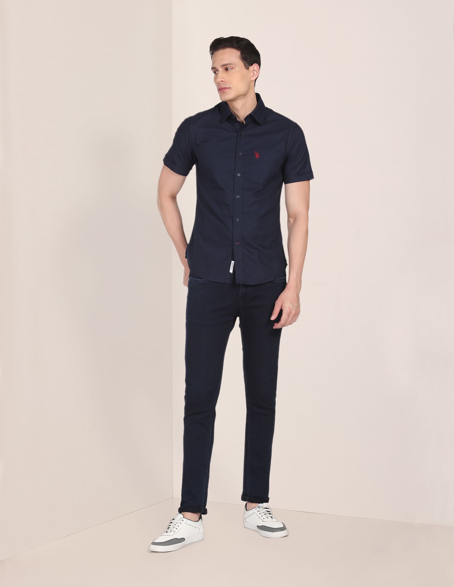 Short Sleeve Cotton Solid Casual Shirt Navy - U.S. Polo Assn. India | Large