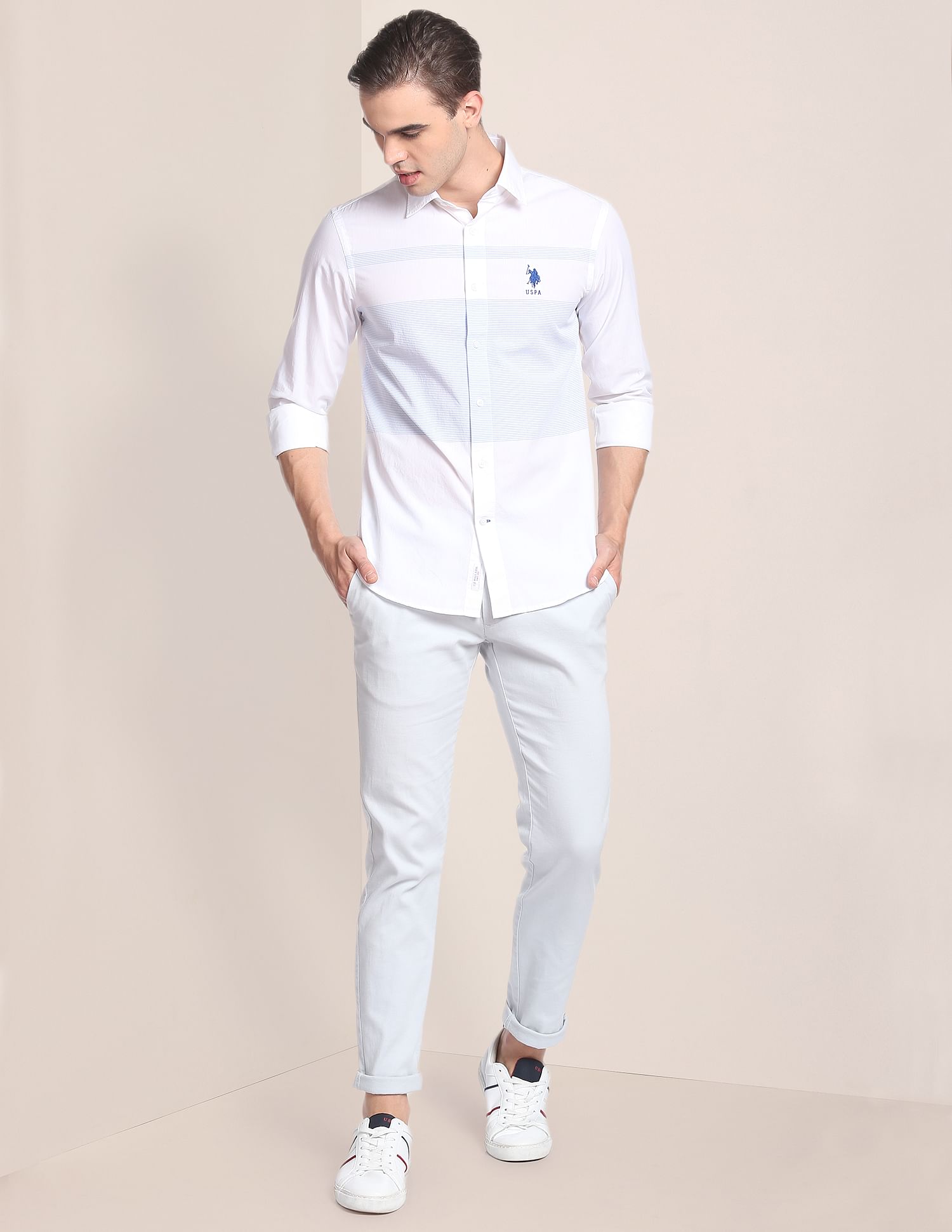 Signature Engineered Stripe Cotton Shirt White - U.S. Polo Assn. India | Large