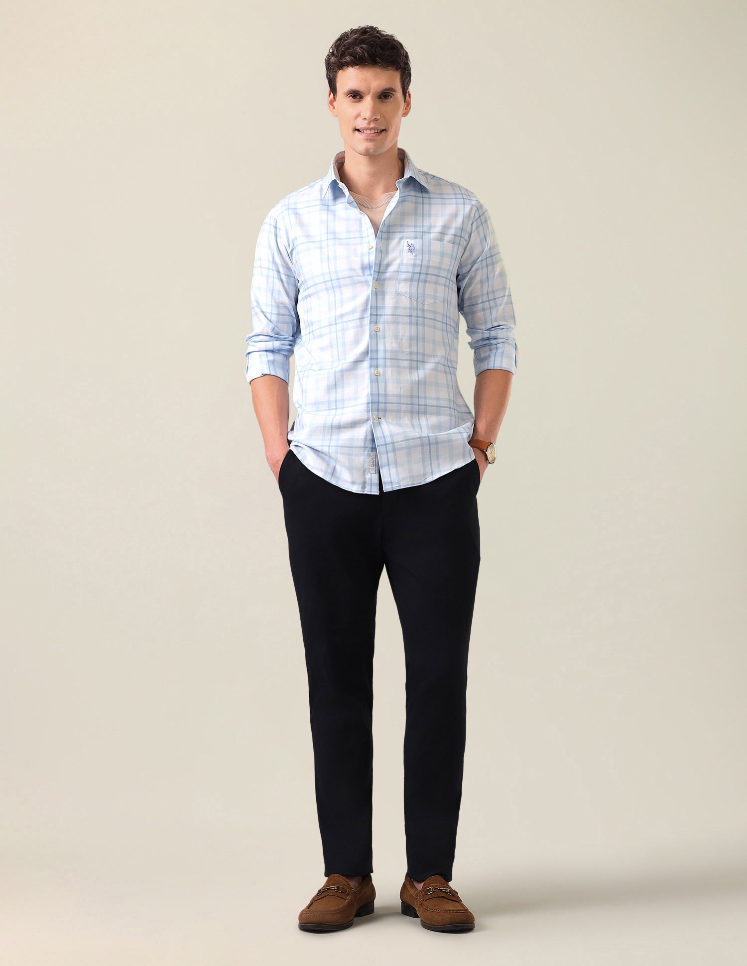Grid Tattersall Checked Twill Shirt Light Blue - U.S. Polo Assn. India | Large