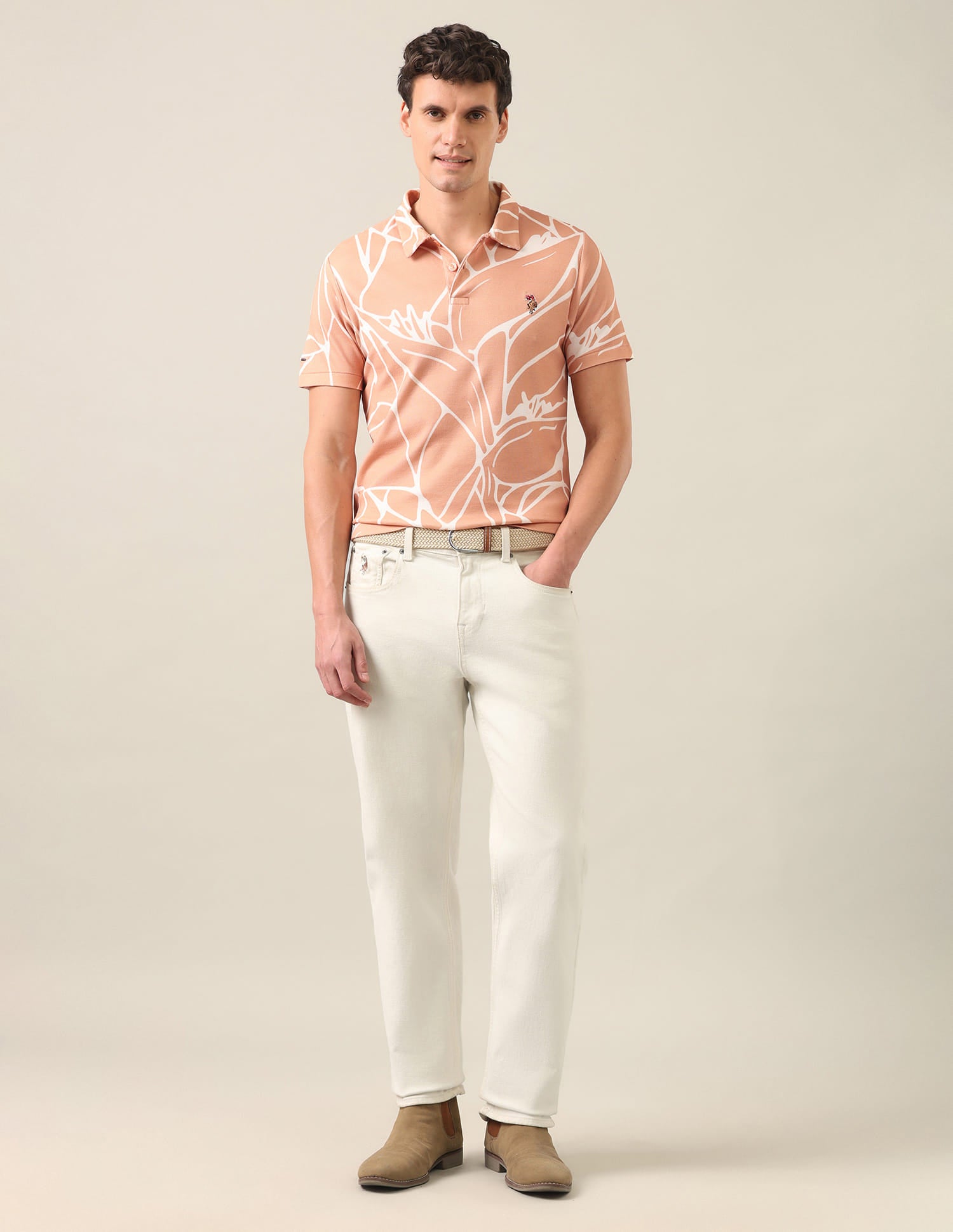 Abstract Printed Slim Fit Polo Shirt Light Orange - U.S. Polo Assn. India | Large