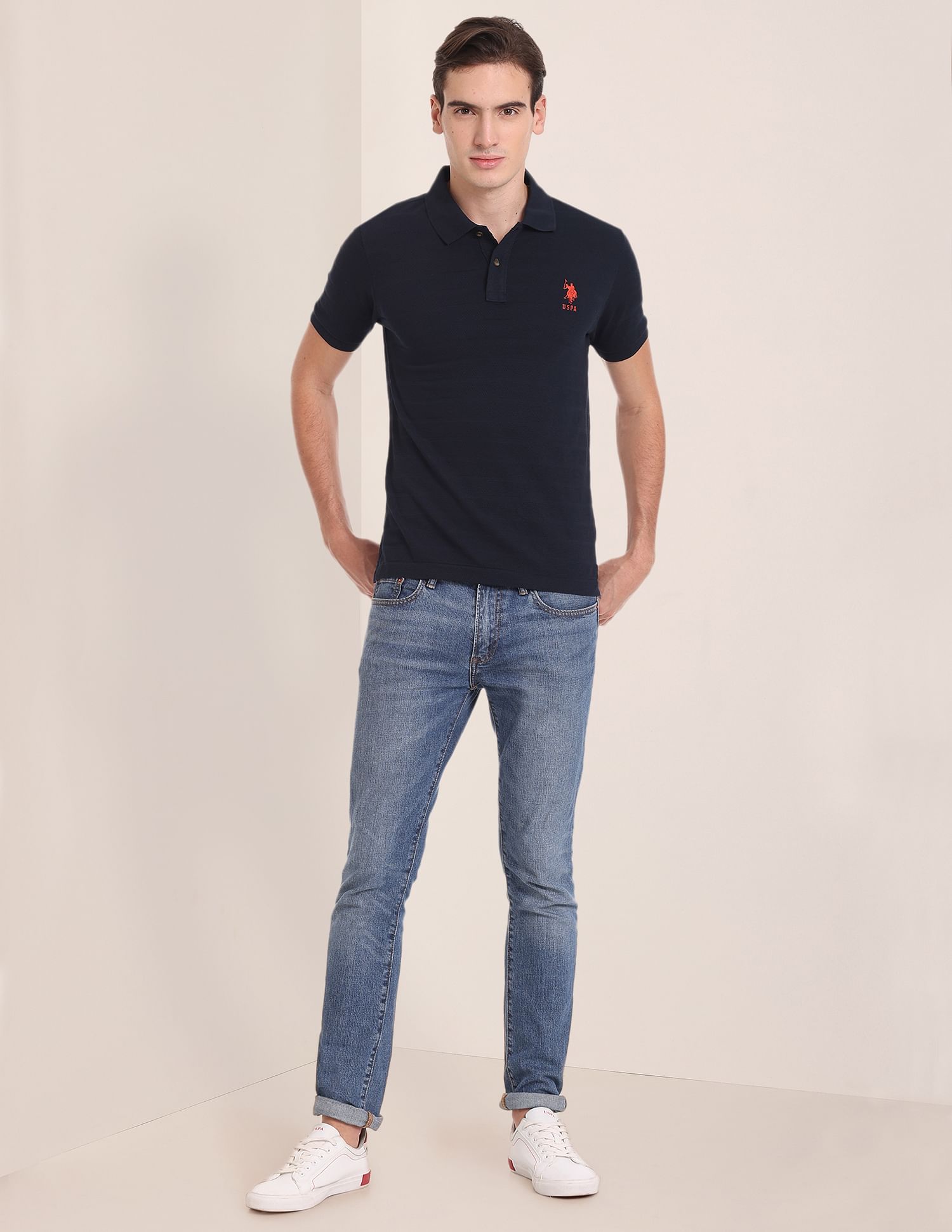 Horizontal Stripe Popcorn Polo Shirt Navy - U.S. Polo Assn. India | Large