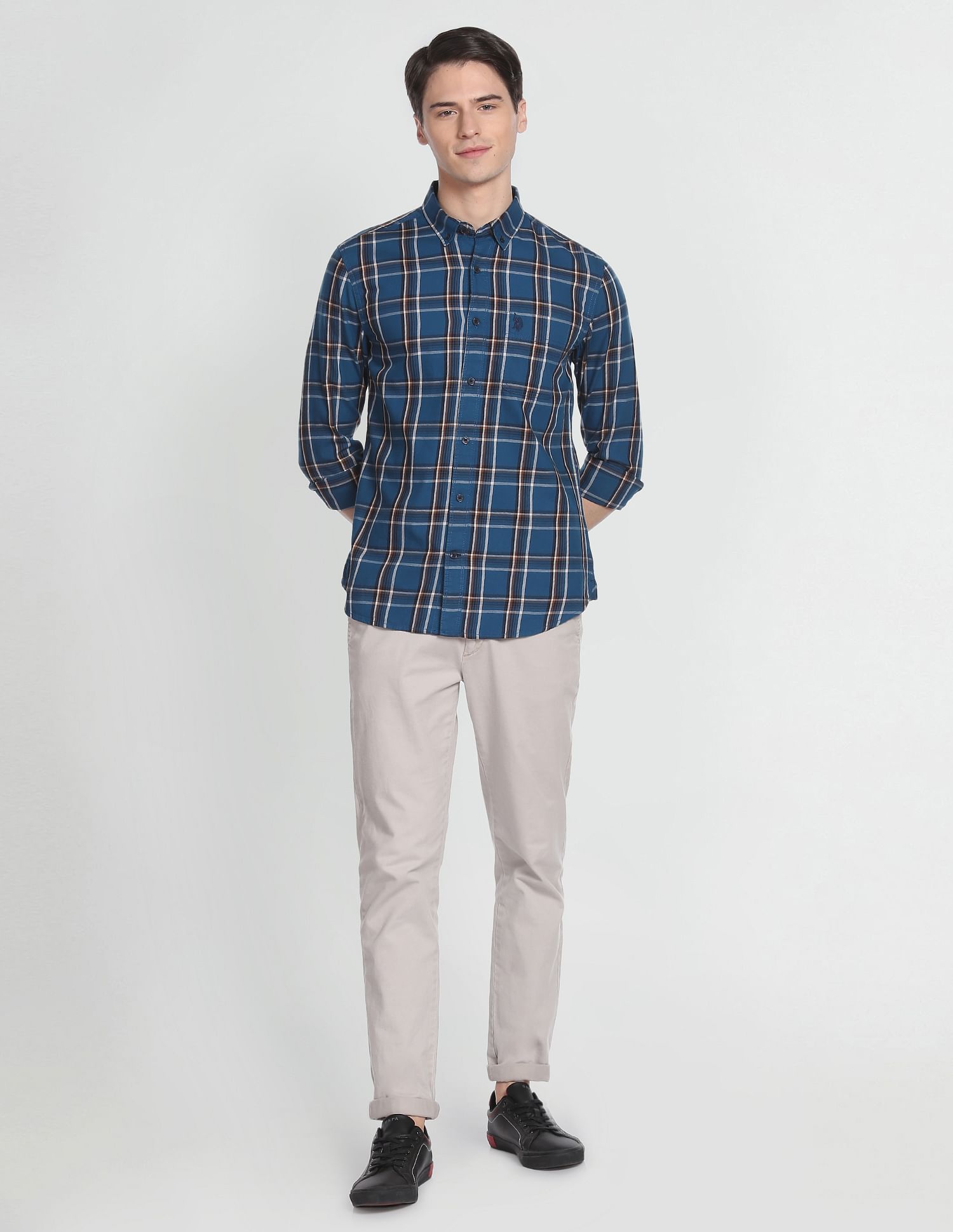 Button Down Collar Tartan Check Formal Shirt Blue - U.S. Polo Assn. India | Large