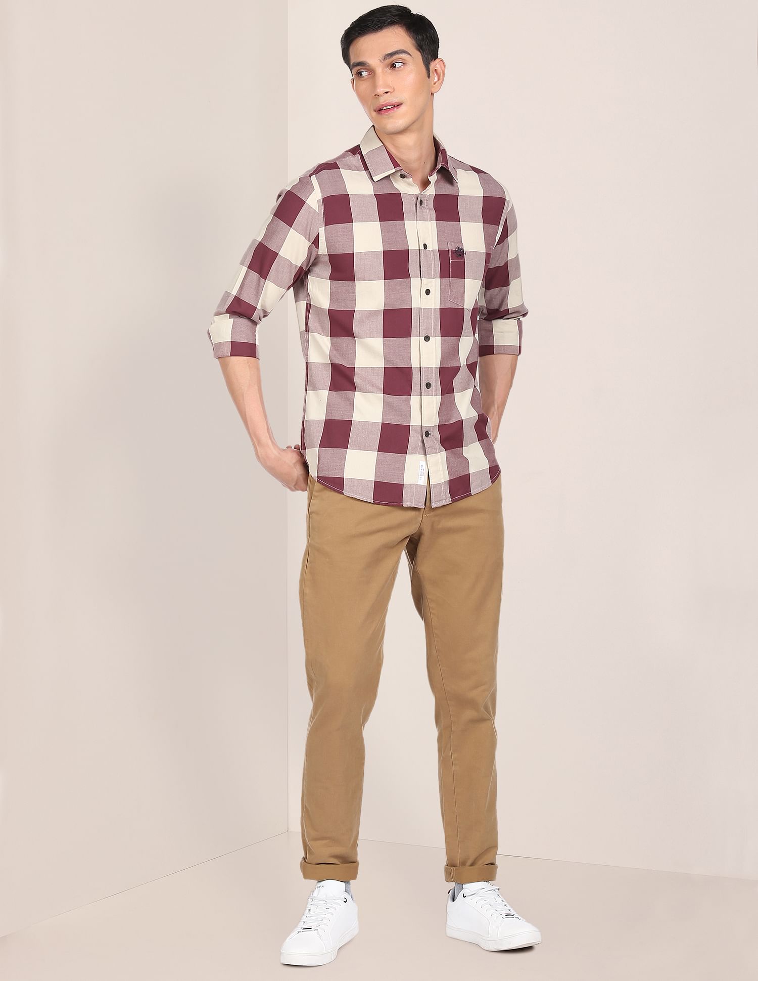 Men Maroon And Beige Spread Collar Check Casual Shirt Maroon and Beige - U.S. POLO ASSN. | Large