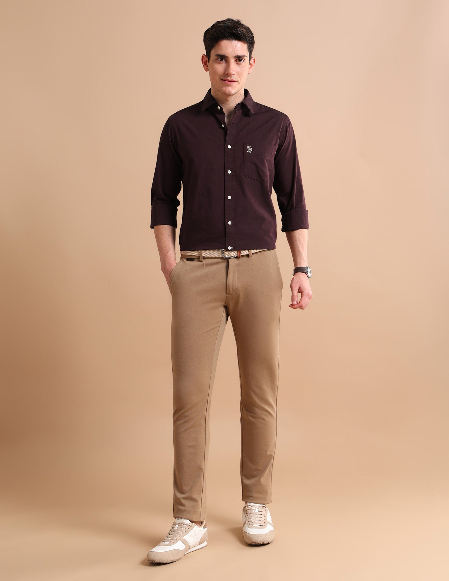 Textured Cotton Shirt Maroon - U.S. POLO ASSN. | Large