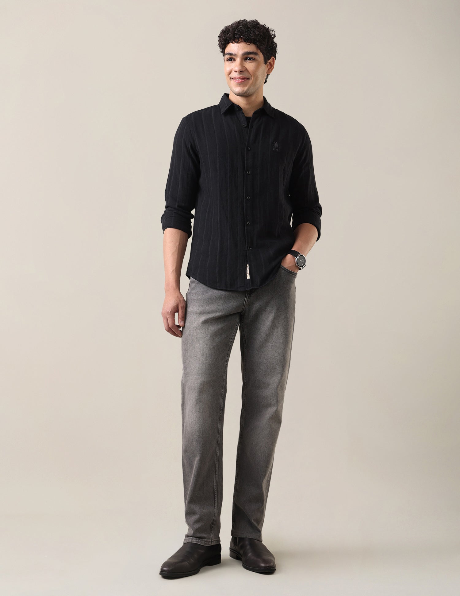 Self Design Vertical Striped Regular Fit Shirt Black - U.S. Polo Assn. India | Large