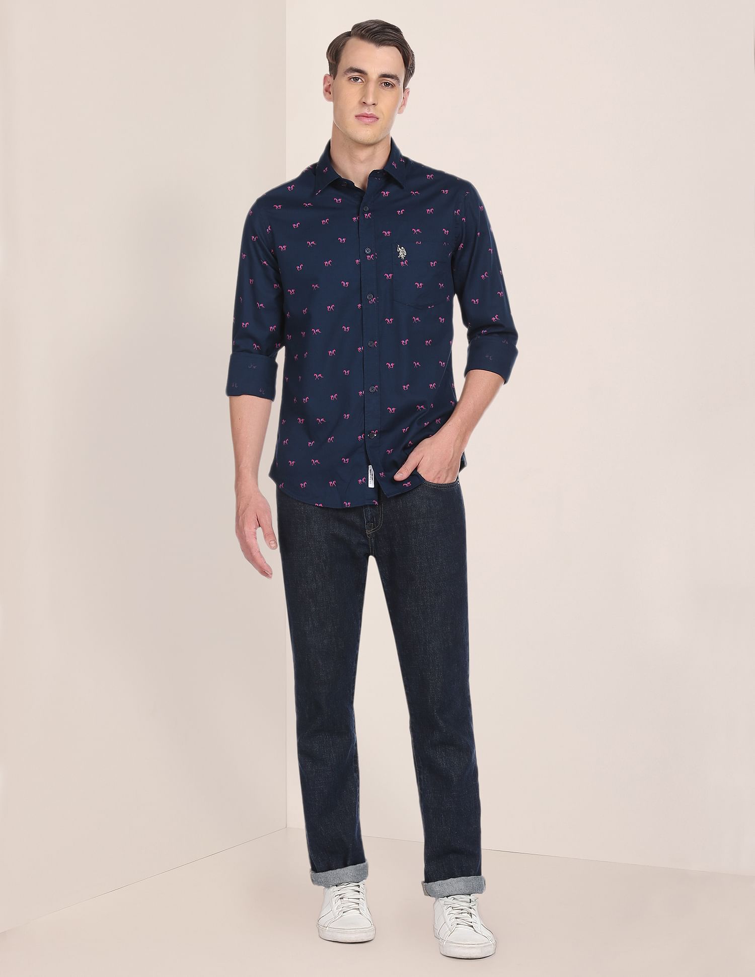 Spread Collar Printed Casual Shirt Navy - U.S. Polo Assn. India | Large