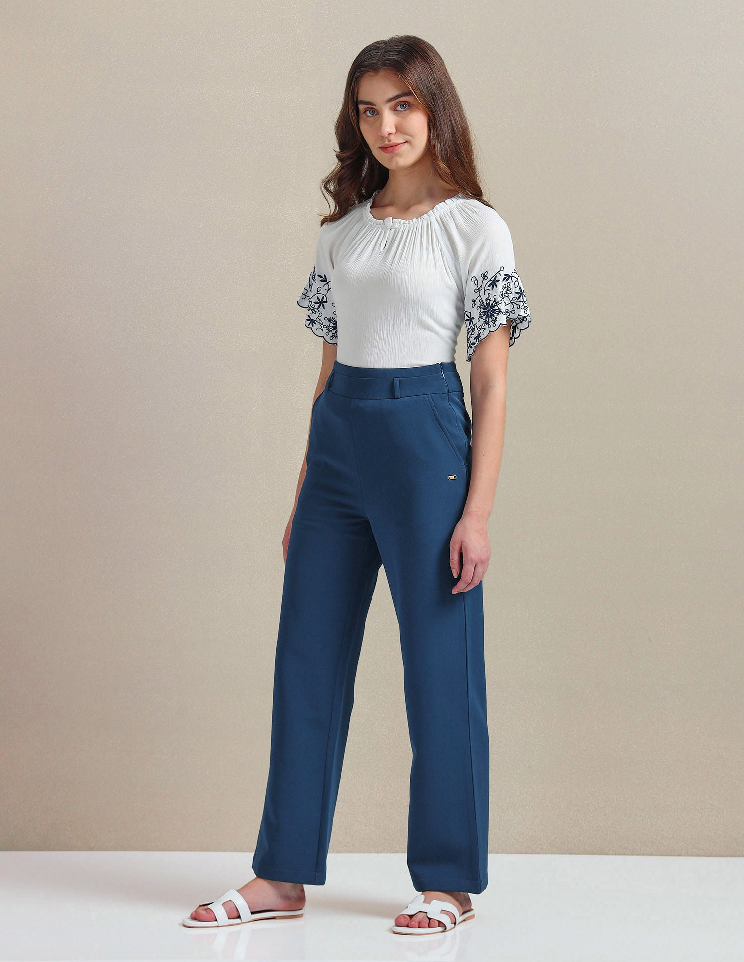 Wide Leg Solid Trousers Blue - U.S. POLO ASSN. | Large