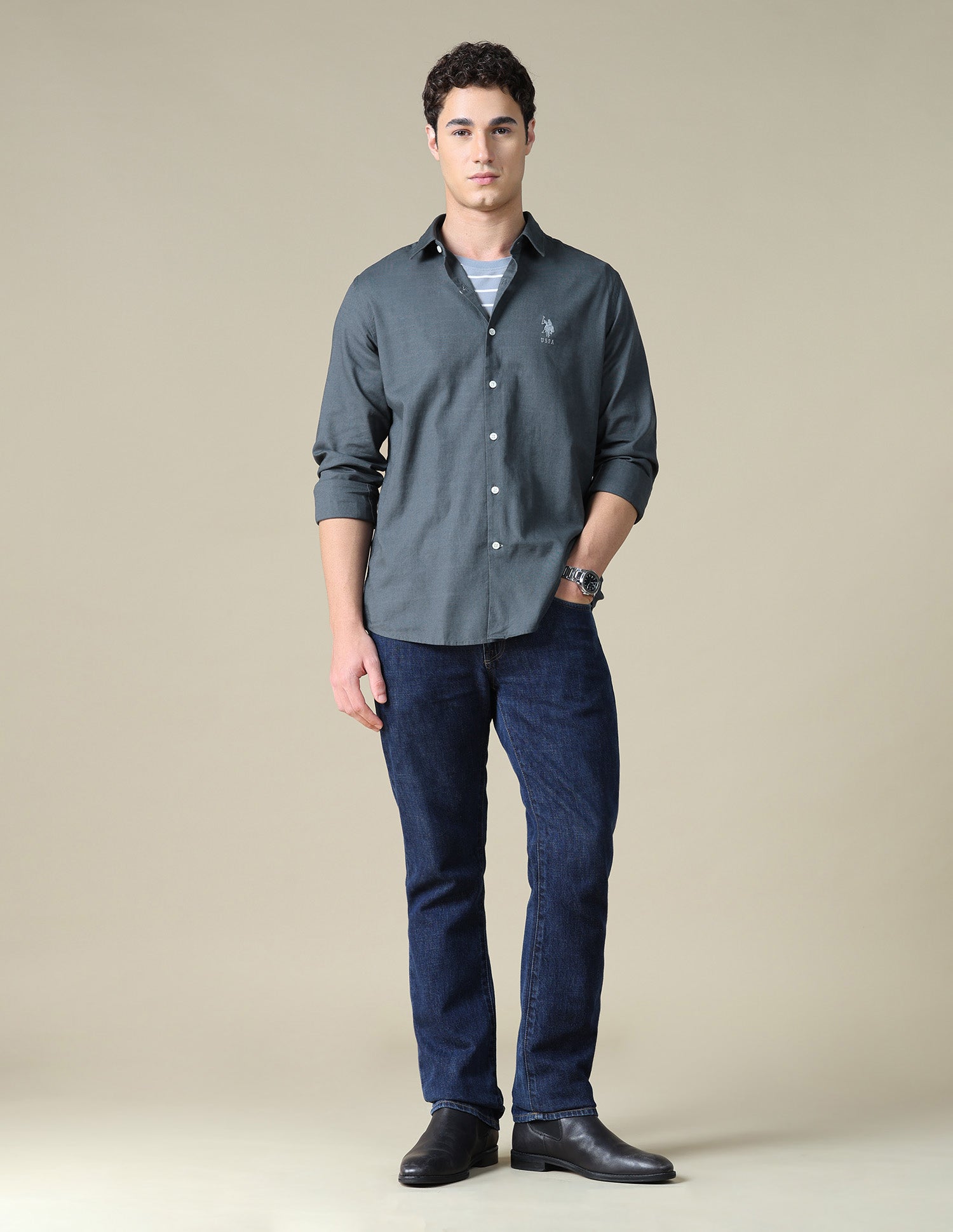 Solid Regular Fit Shirt Dark Grey - U.S. Polo Assn. India | Large