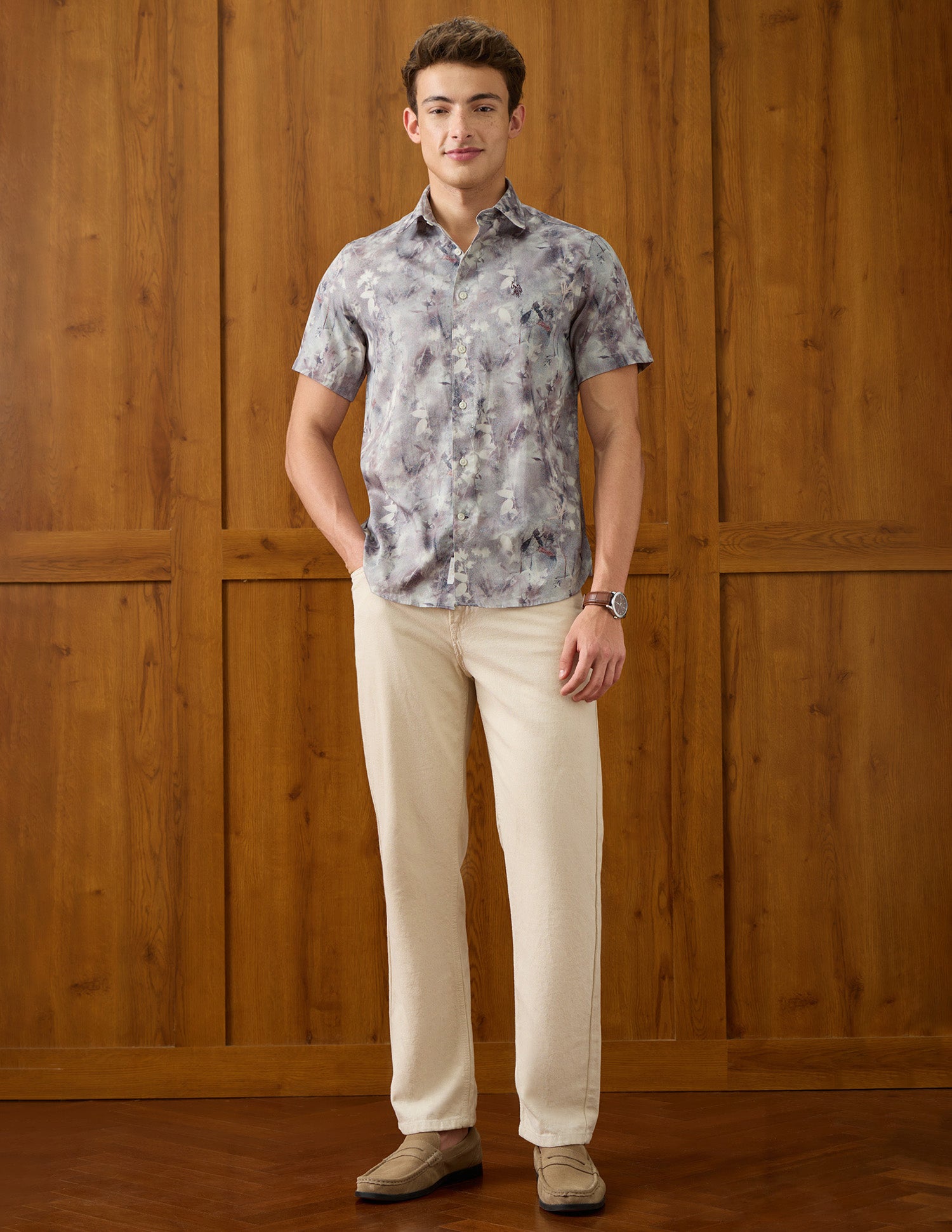 Tropical Printed Satin Shirt Light Grey - U.S. Polo Assn. India | Large