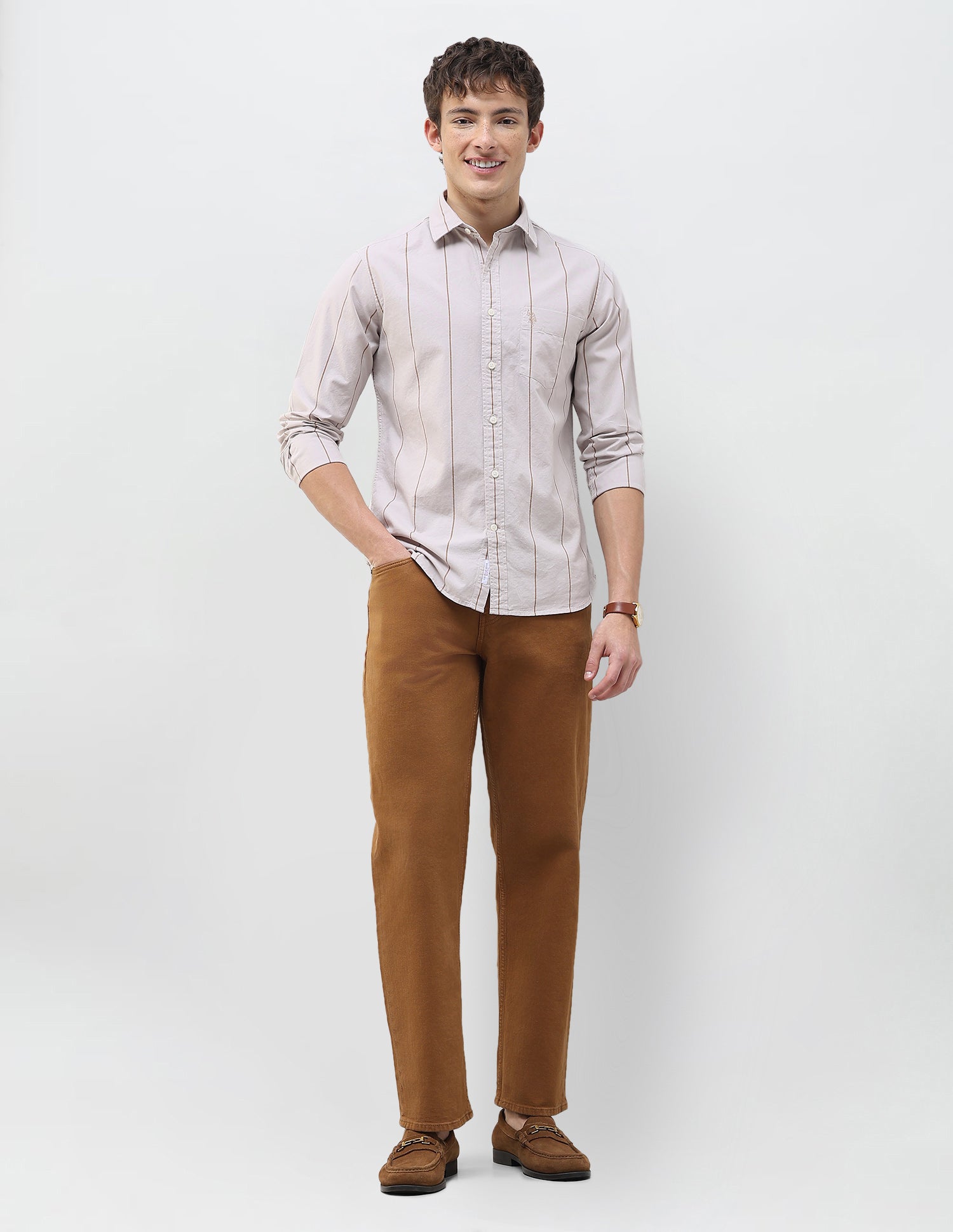 Vertical Striped Regular Fit Shirt Beige - U.S. Polo Assn. India | Large