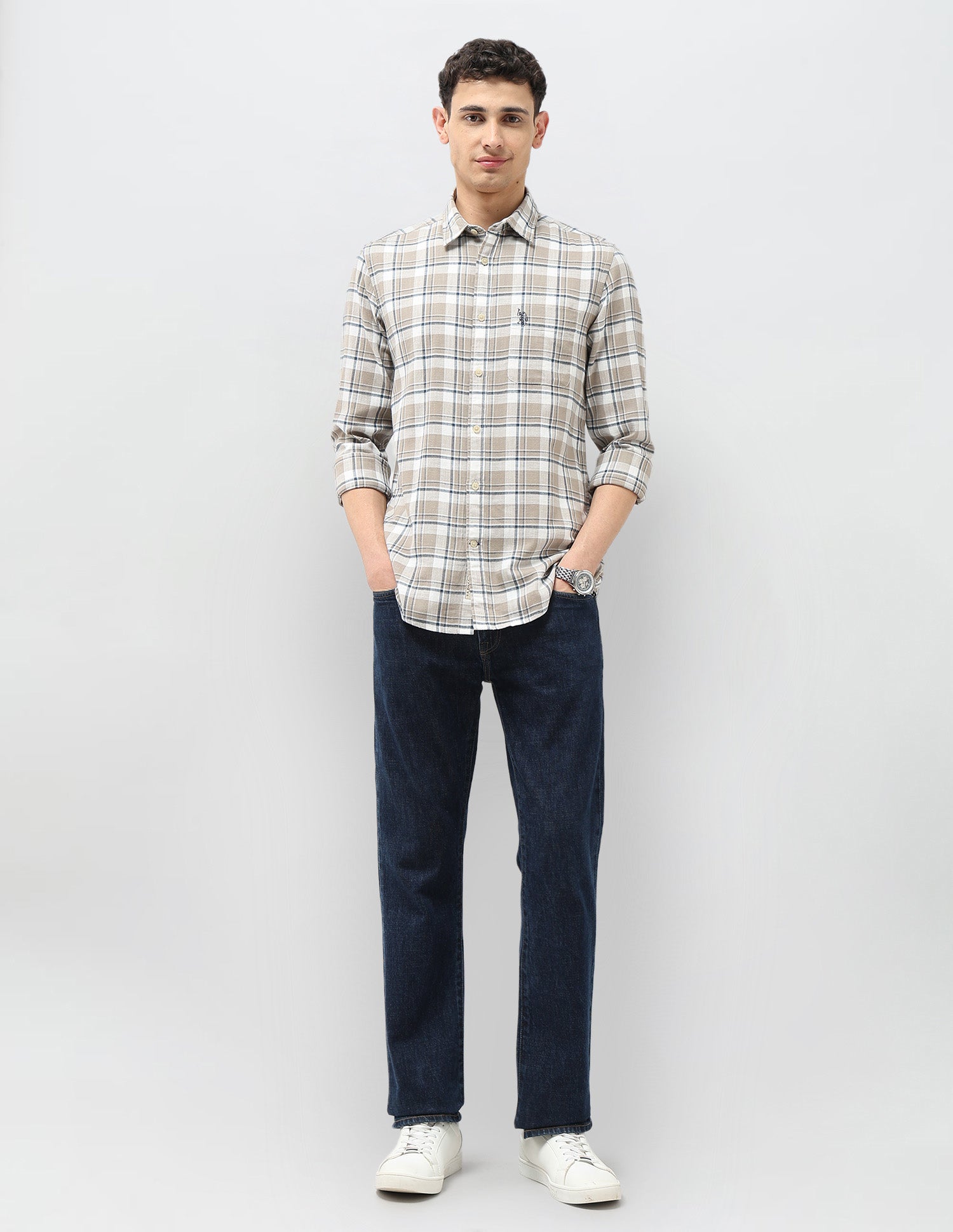 Tartan Checked Herringbone Shirt Khaki - U.S. POLO ASSN. | Large