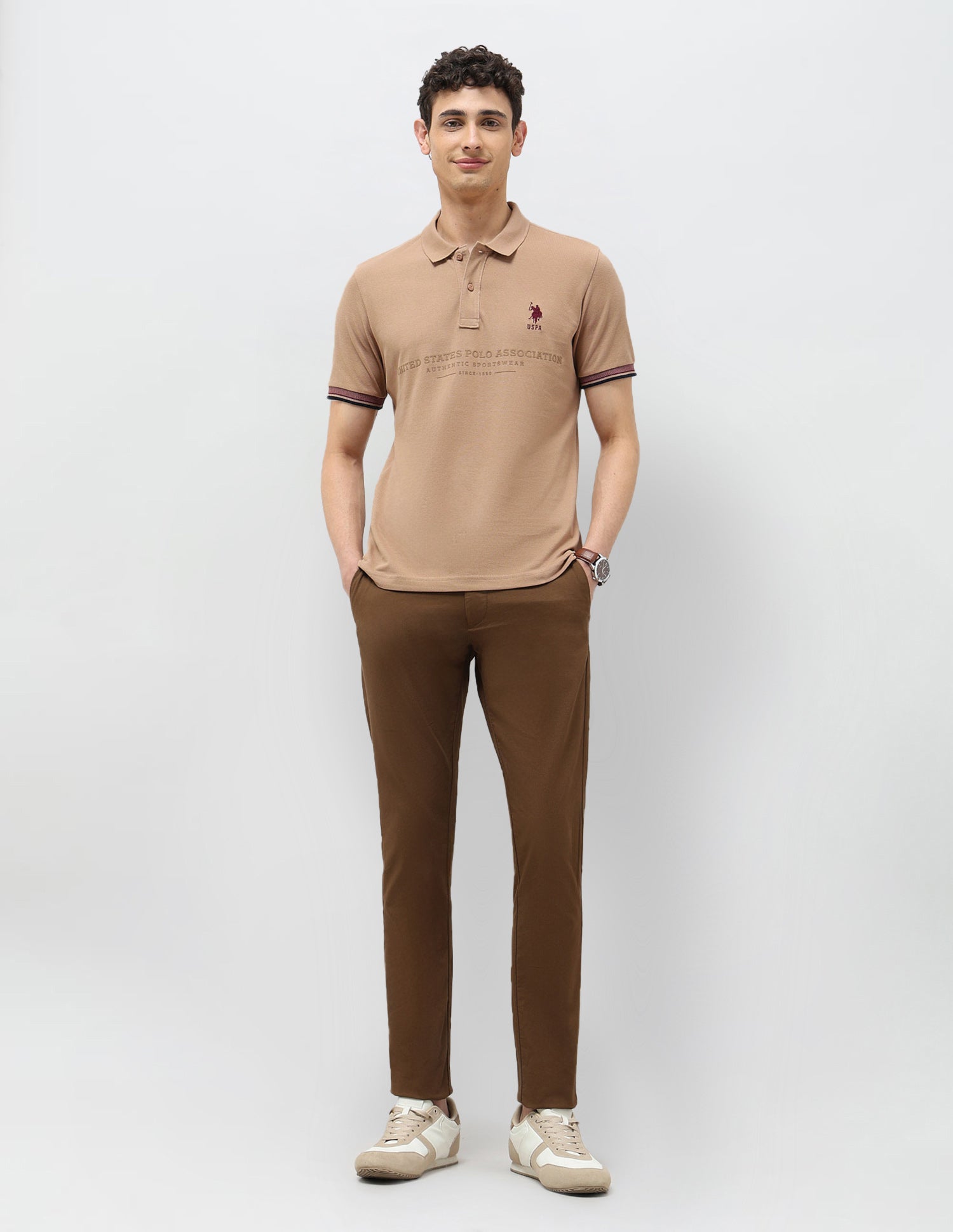 Typographic Printed Slim Fit Polo shirt Beige - U.S. Polo Assn. India | Large