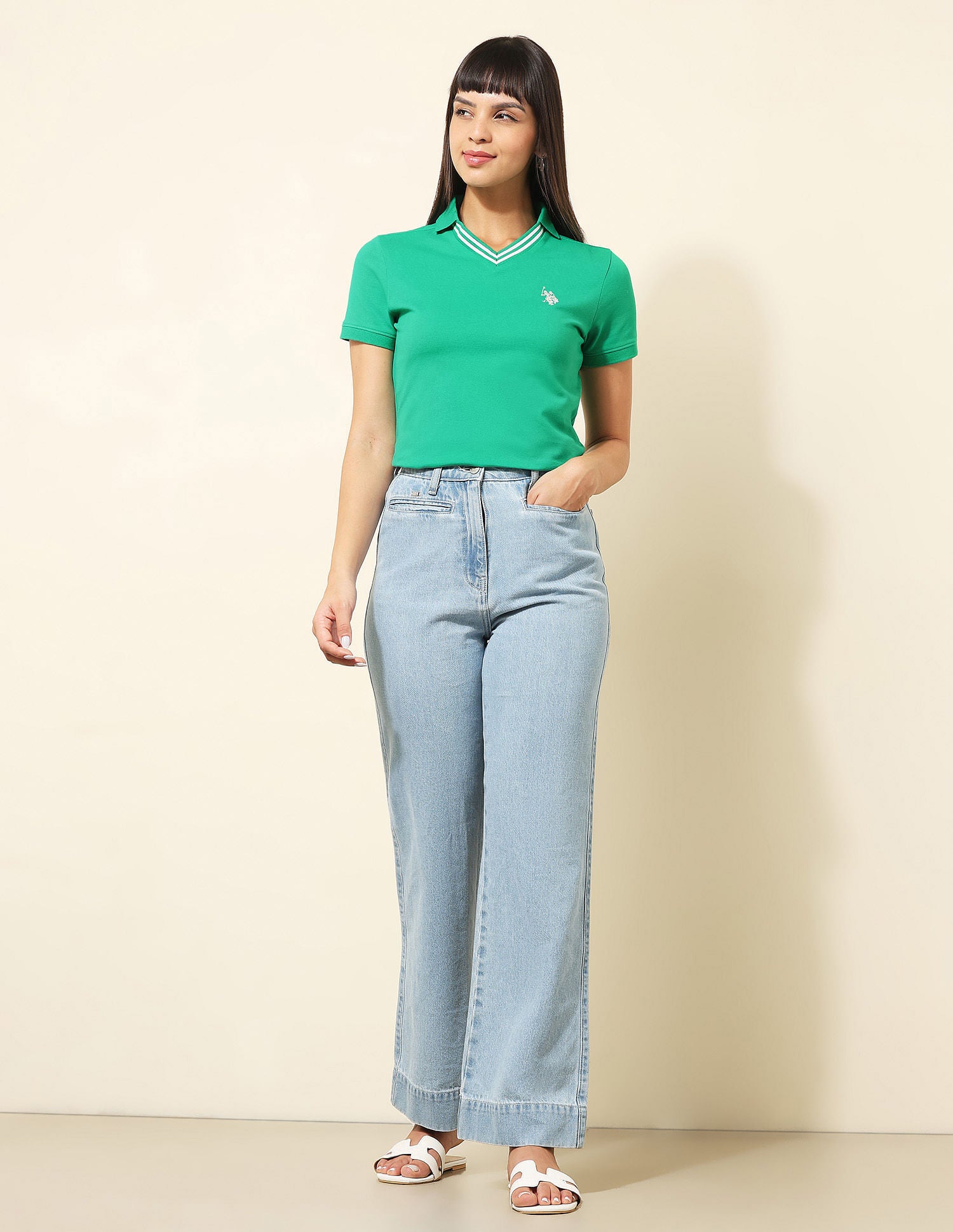 Tipped V-Neck Solid Polo Shirt Green - U.S. POLO ASSN. | Large