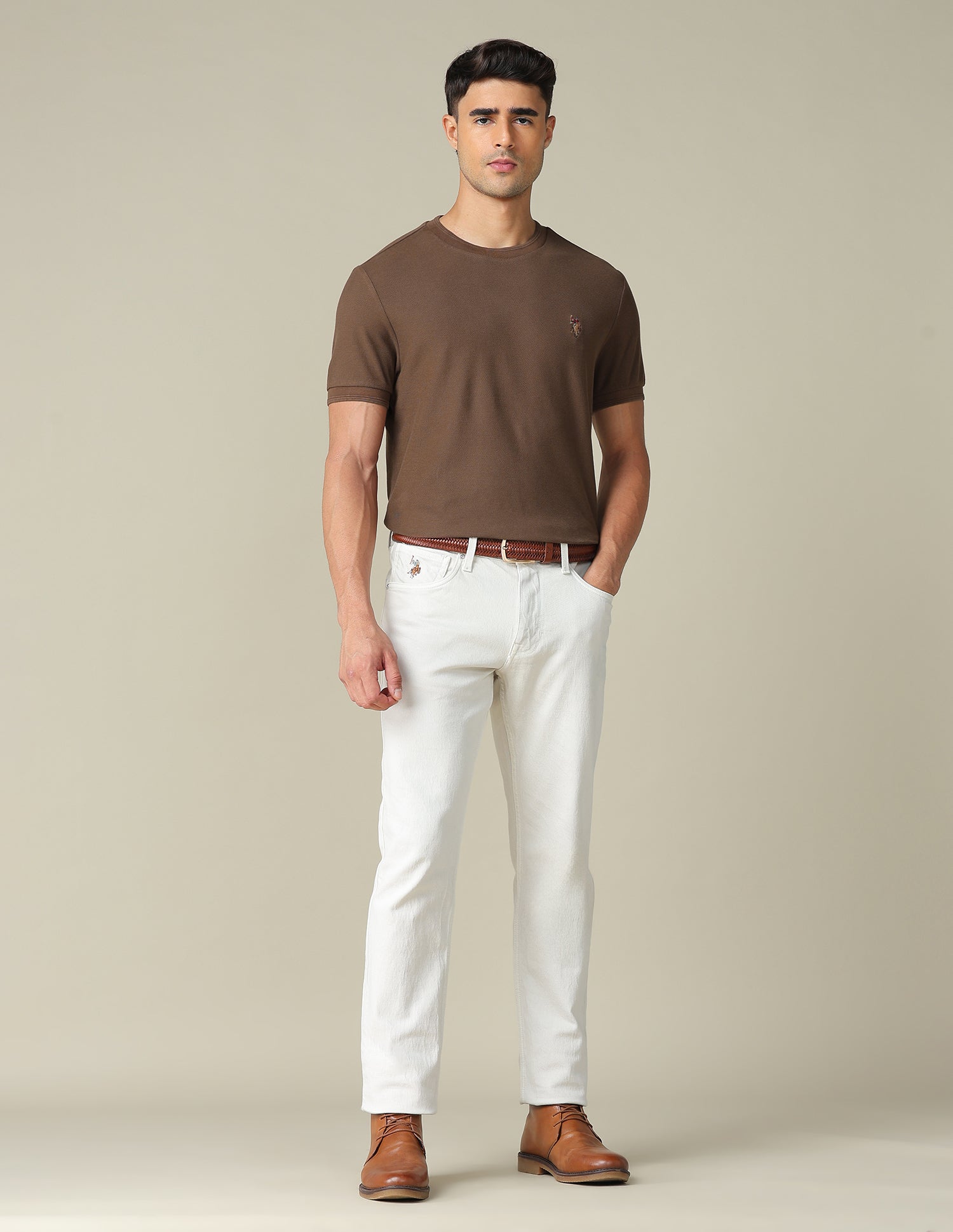 Pure Cotton Muscle Fit T- Shirt Light Brown - U.S. POLO ASSN. | Large