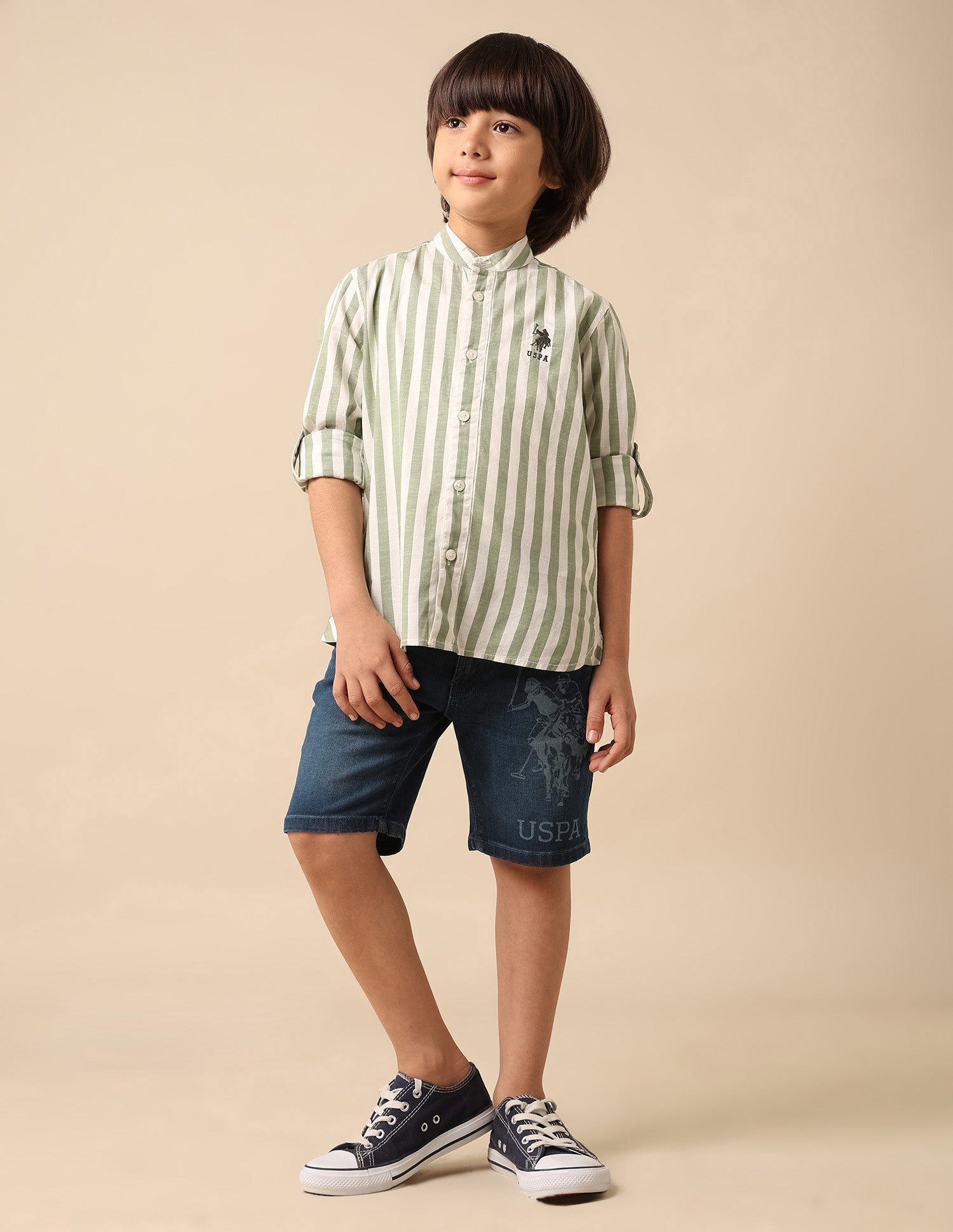 Boys Vertical Striped Mandarin Shirt Green - U.S. POLO ASSN. | Large