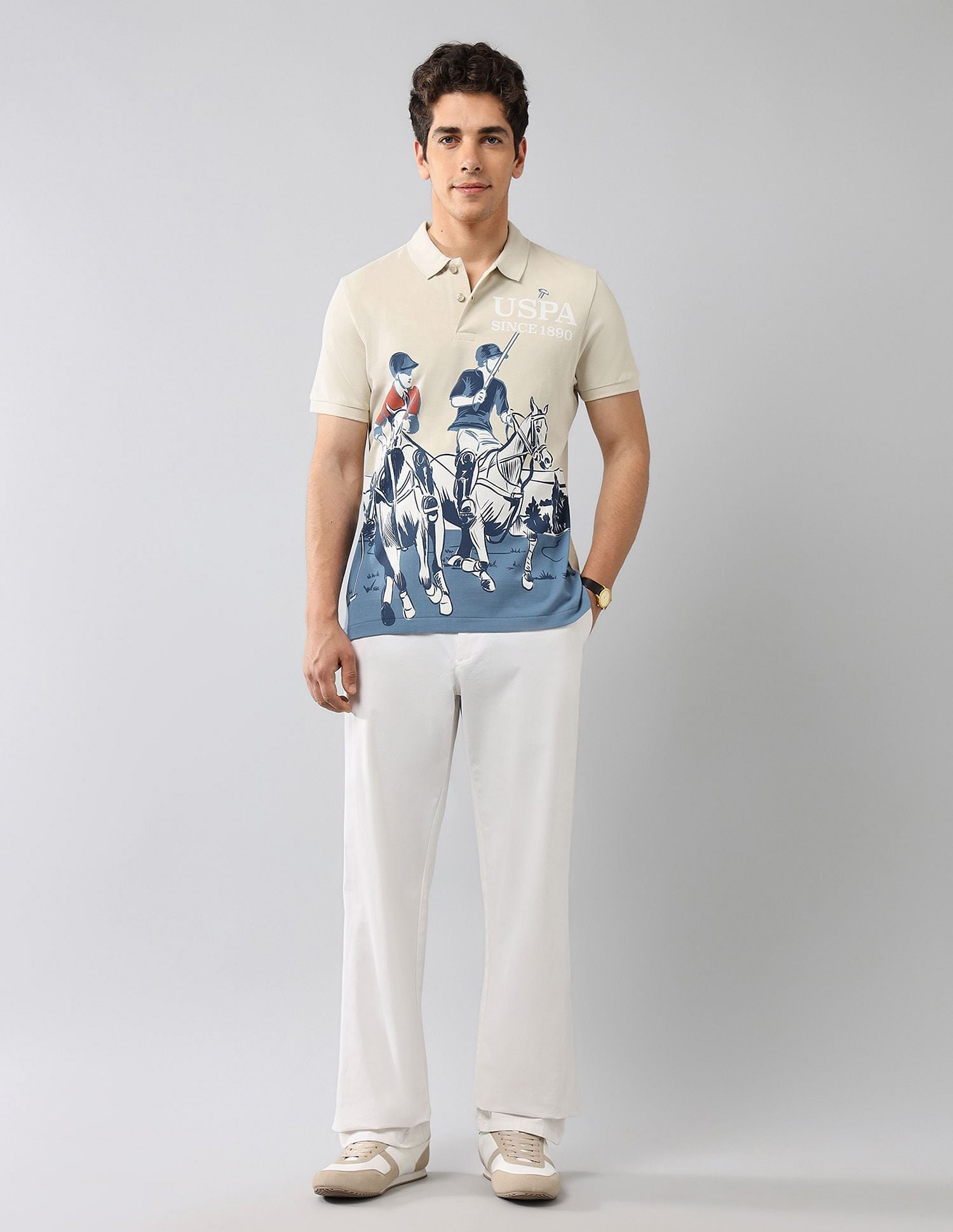 Brand Printed Muscle Fit Polo Shirt Beige - U.S. Polo Assn. India | Large