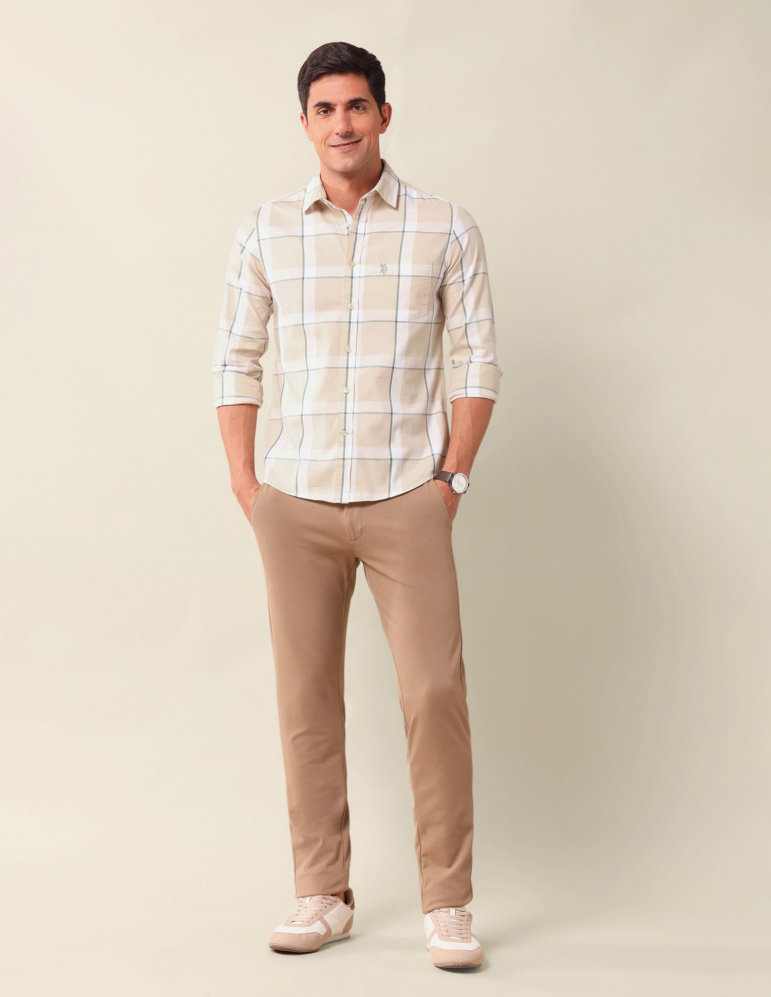 Windowpane Checked Tailored Fit Shirt Beige - U.S. Polo Assn. India | Large