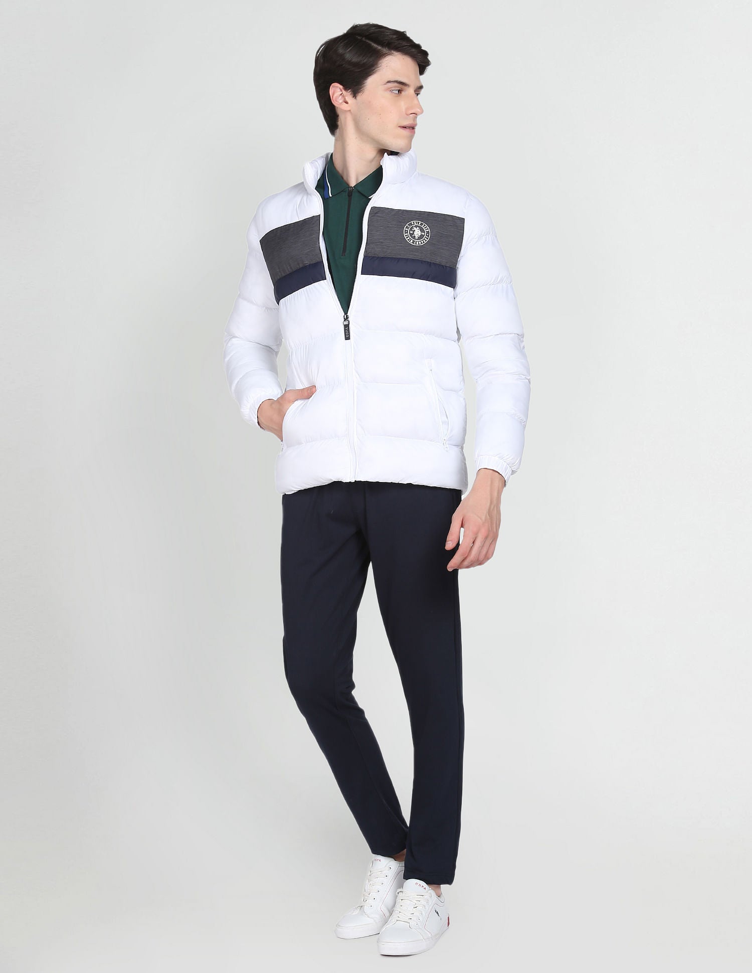 High Neck Colour Block Puffer Jacket White - U.S. POLO ASSN. | Large