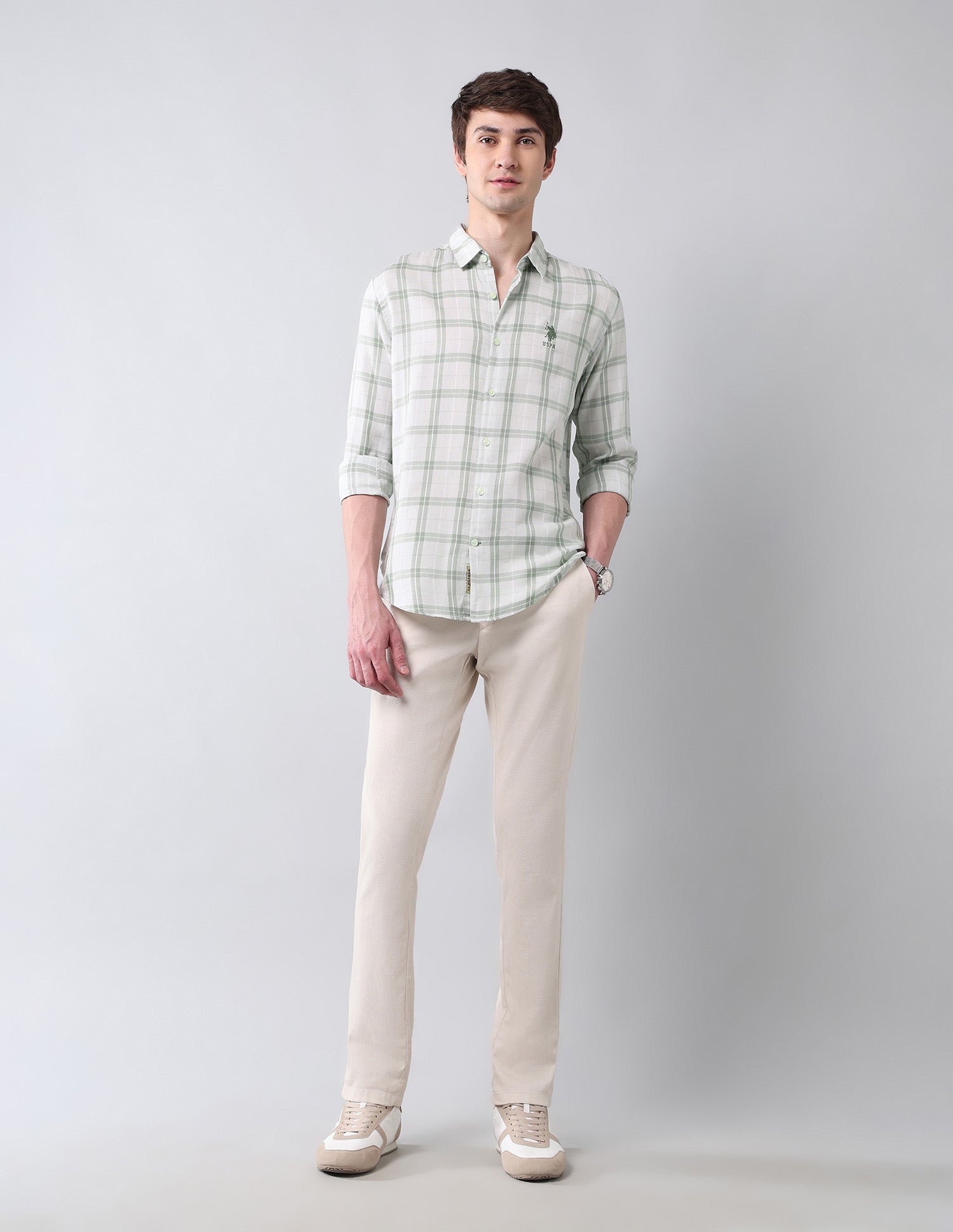 Grid Tattersall Checked Regular Fit Shirt Light Green - U.S. Polo Assn. India | Large