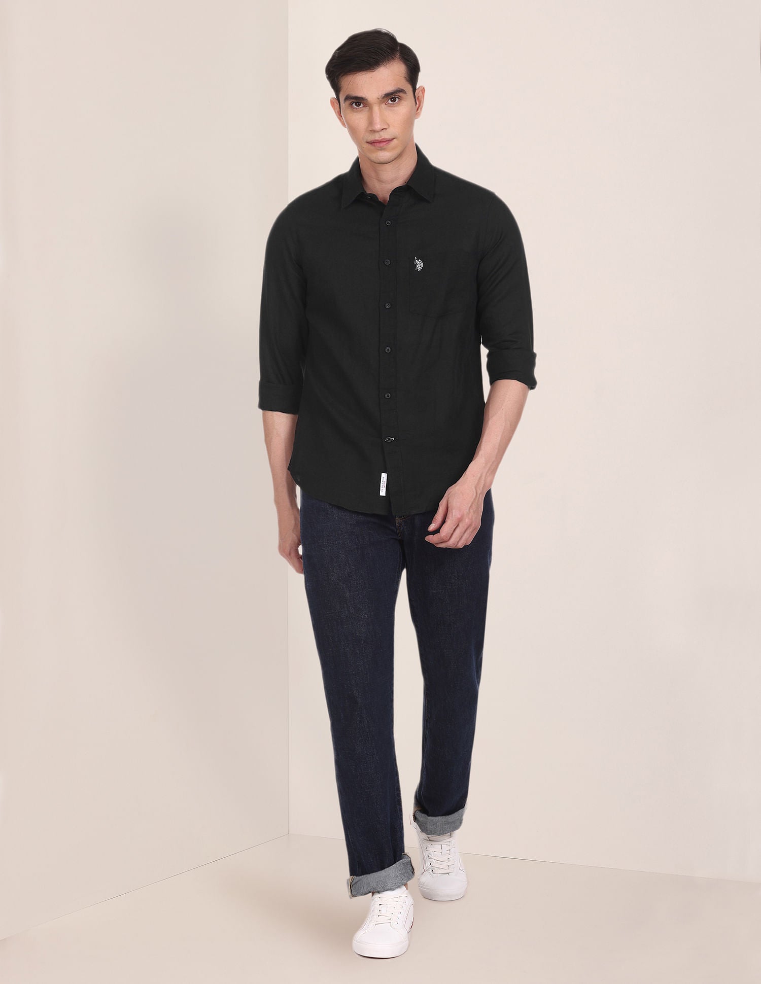 Men Black Spread Collar Solid Casual Shirt Black - U.S. POLO ASSN. | Large