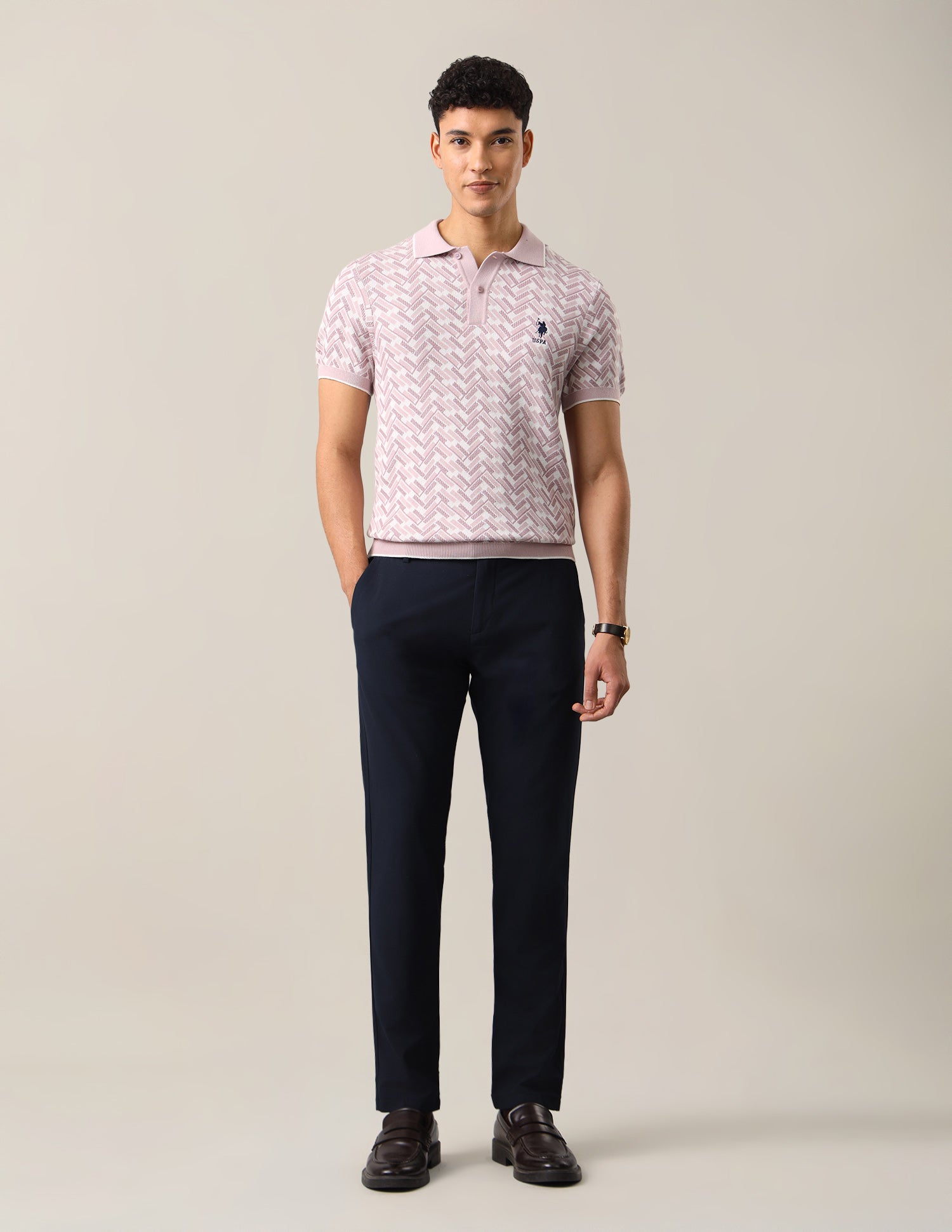 Geometric Patterned Knit Slim Fit Polo Shirt Pink - U.S. Polo Assn. India | Large