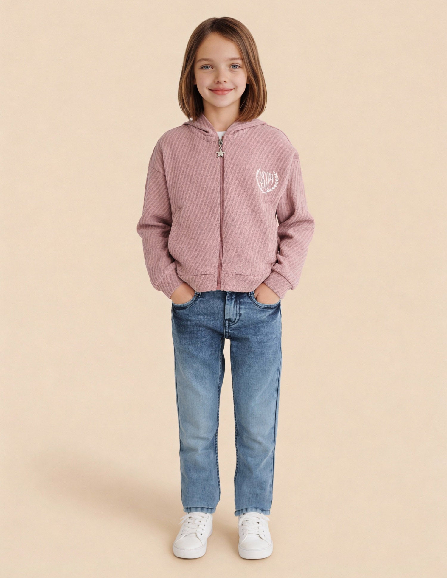 Girls Diagonal Striped Zipper Sweatshirt Pink - U.S. Polo Assn. India | Large