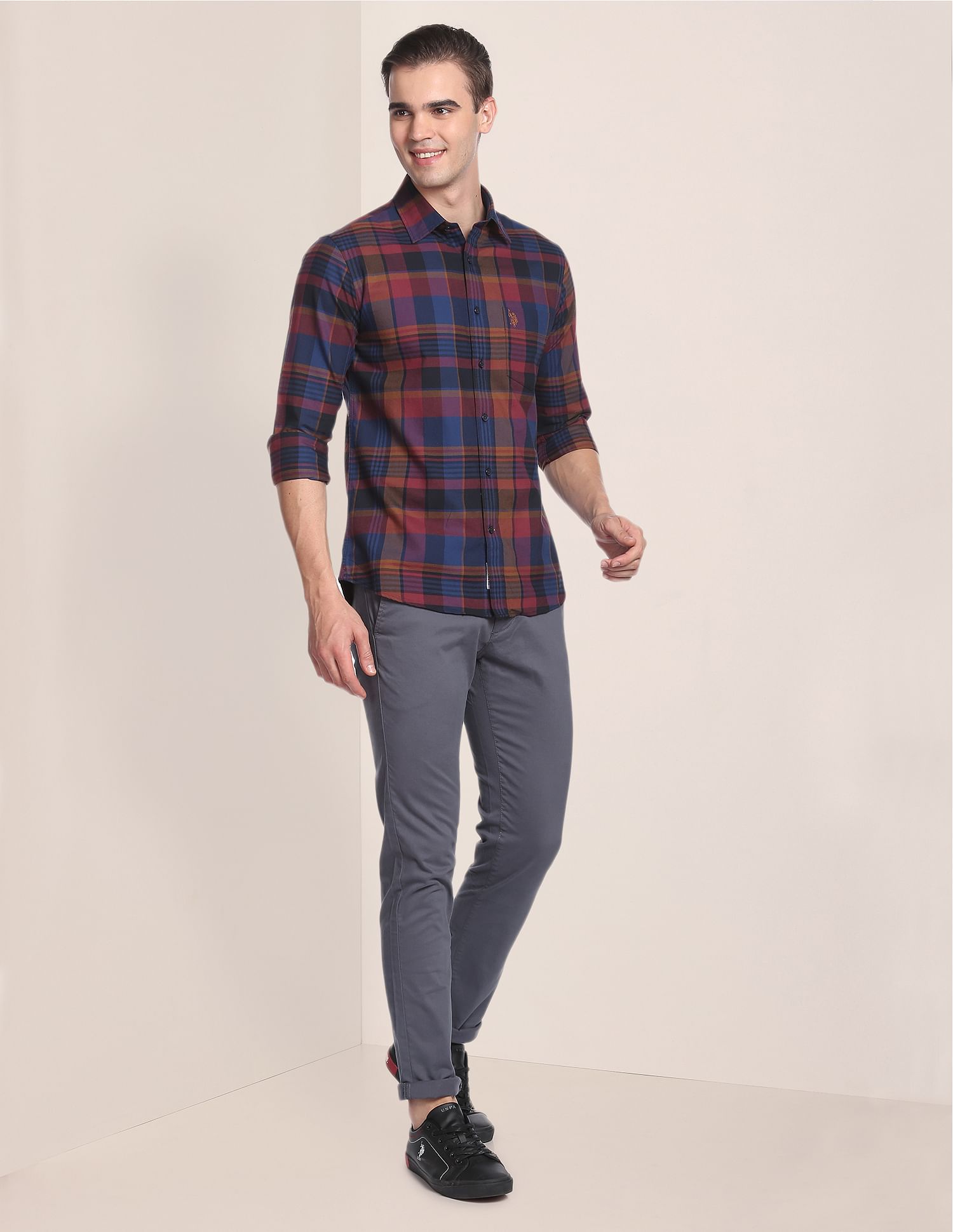 Oxford Check Cotton Casual Shirt Wine - U.S. Polo Assn. India | Large