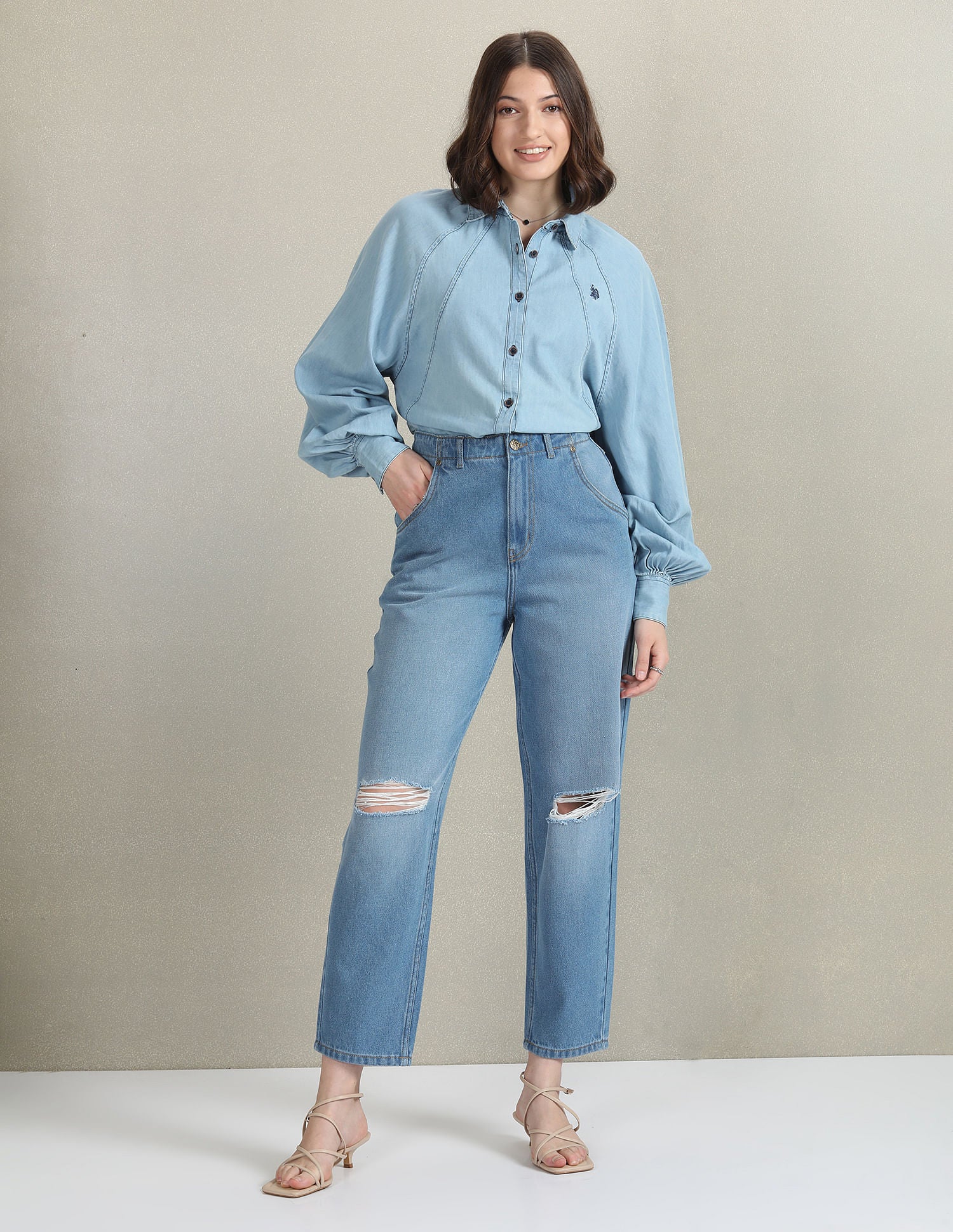 High Rise Distressed Jeans Blue - U.S. POLO ASSN. | Large