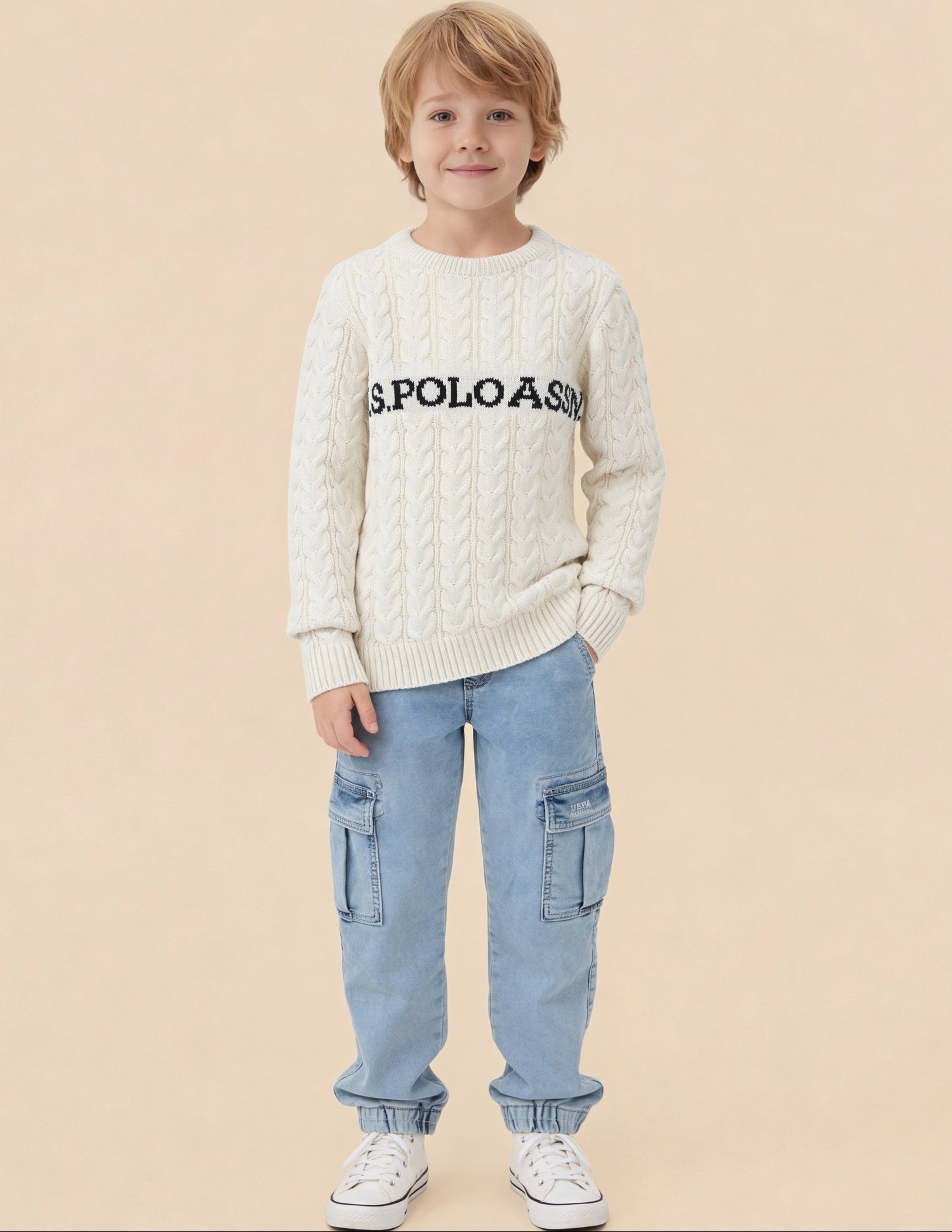 Boys Cable Knit Logo Regular Fit Sweater Off White - U.S. Polo Assn. India | Large