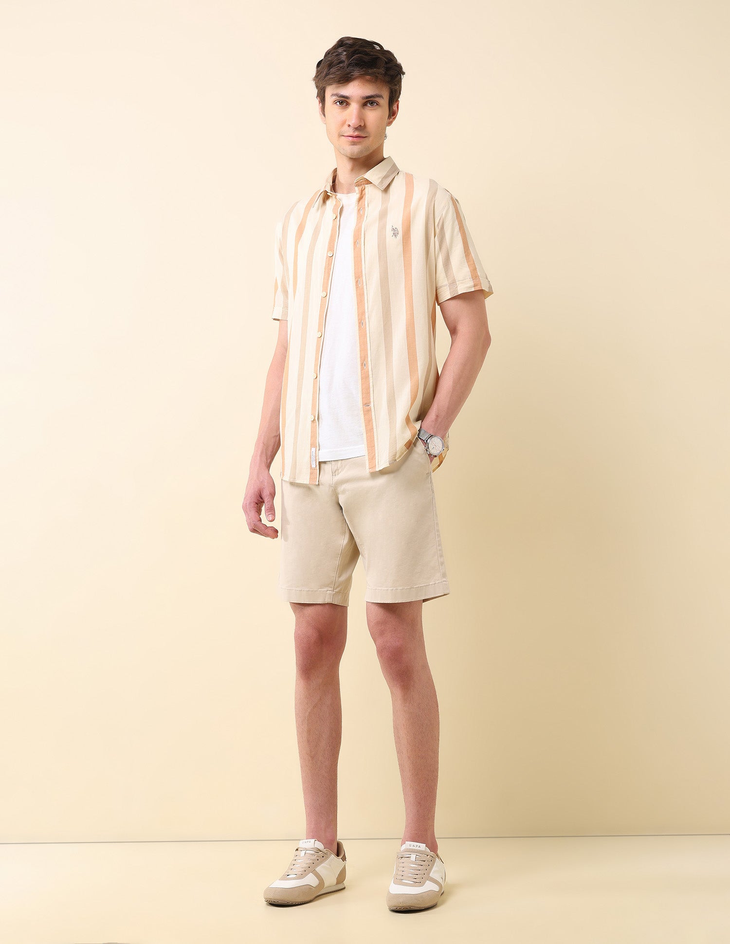 Vertical Striped Poplin Shirt Light Beige - U.S. Polo Assn. India | Large