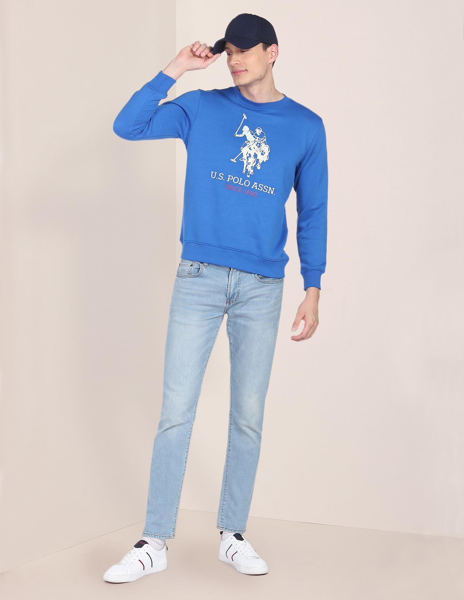 Men Blue Crew Neck Logo Print Sweatshirt Blue - U.S. POLO ASSN. | Large