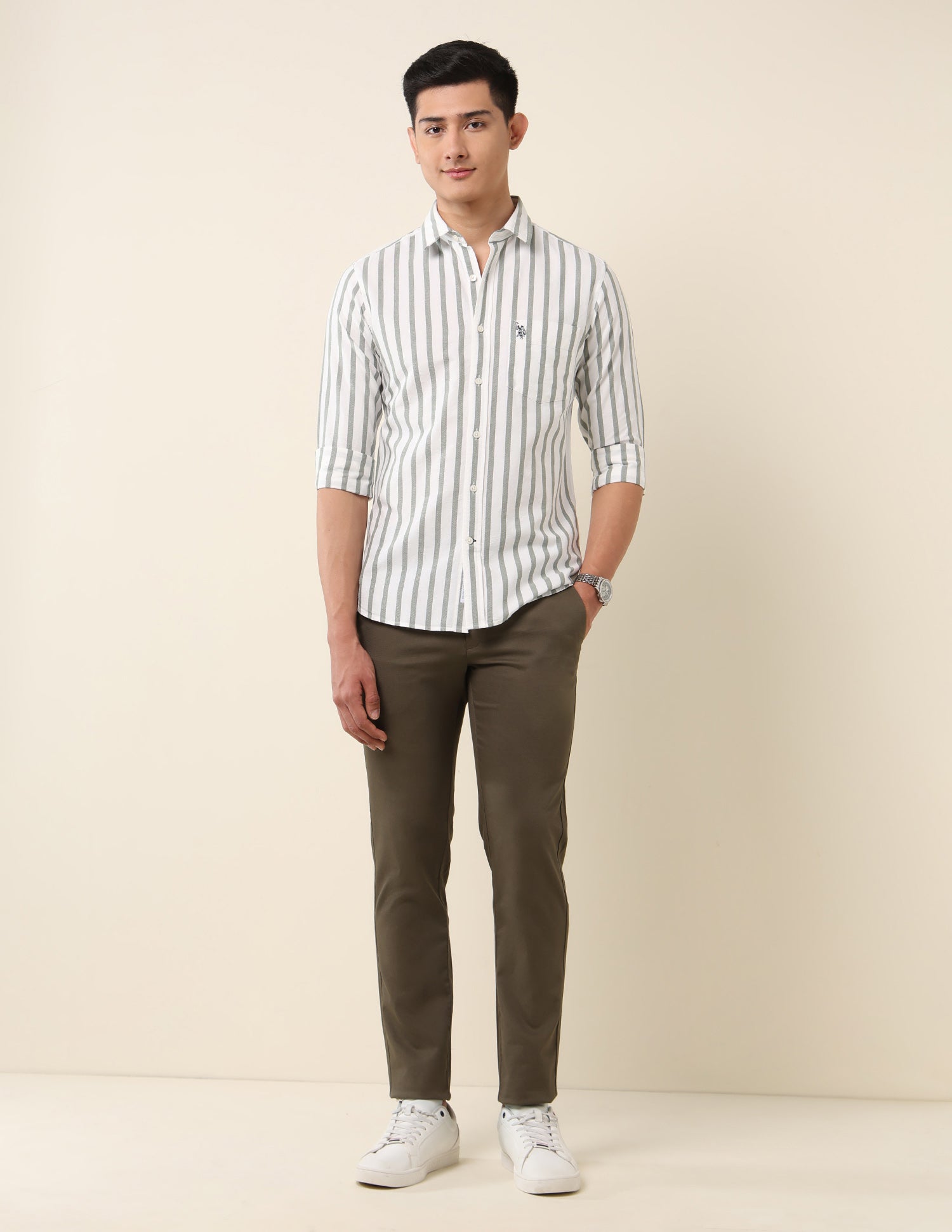 Vertical Striped Pure Cotton Shirt Dark Green - U.S. Polo Assn. India | Large