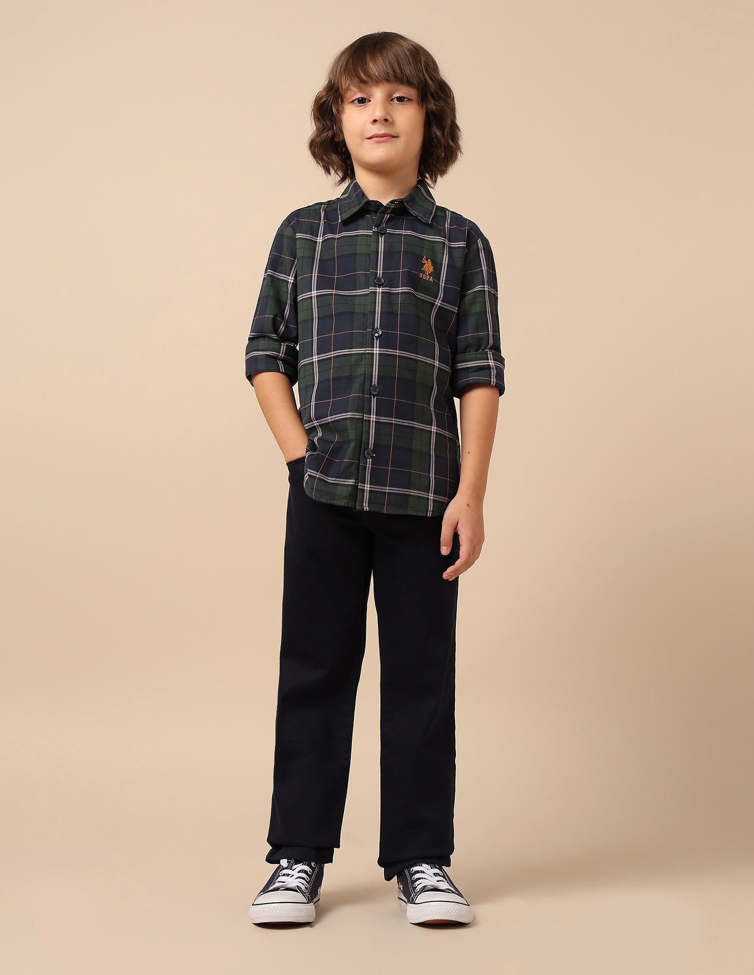 Boys Plaid Checked Twill Shirt Green - U.S. POLO ASSN. | Large