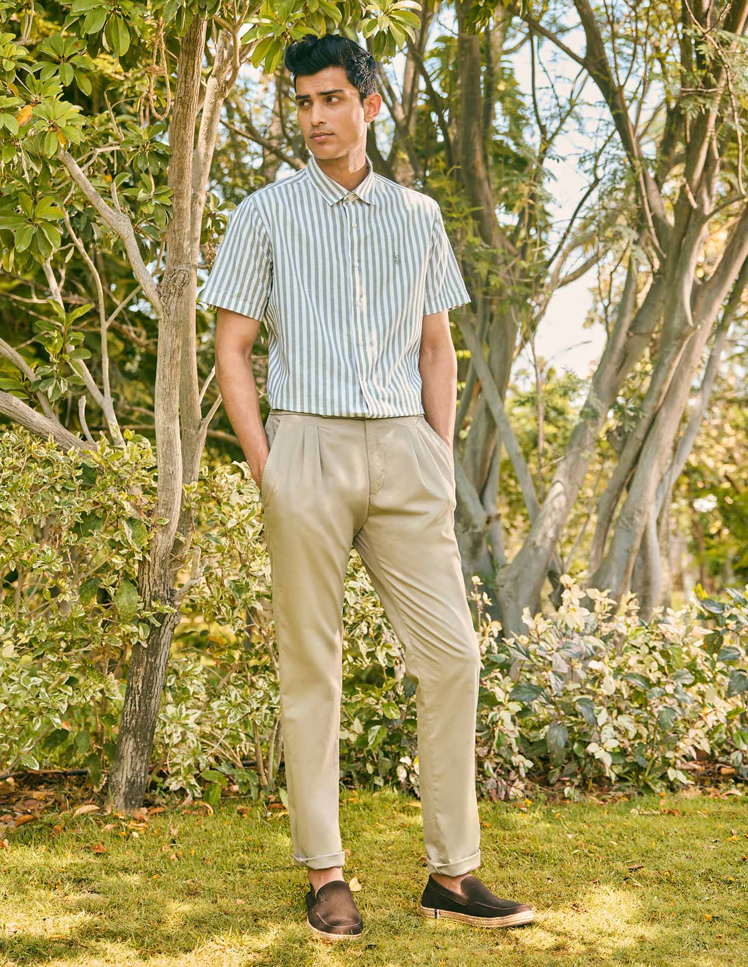 Pacho X Vertical Stripe Cotton Linen Shirt Light Green - U.S. POLO ASSN. | Large