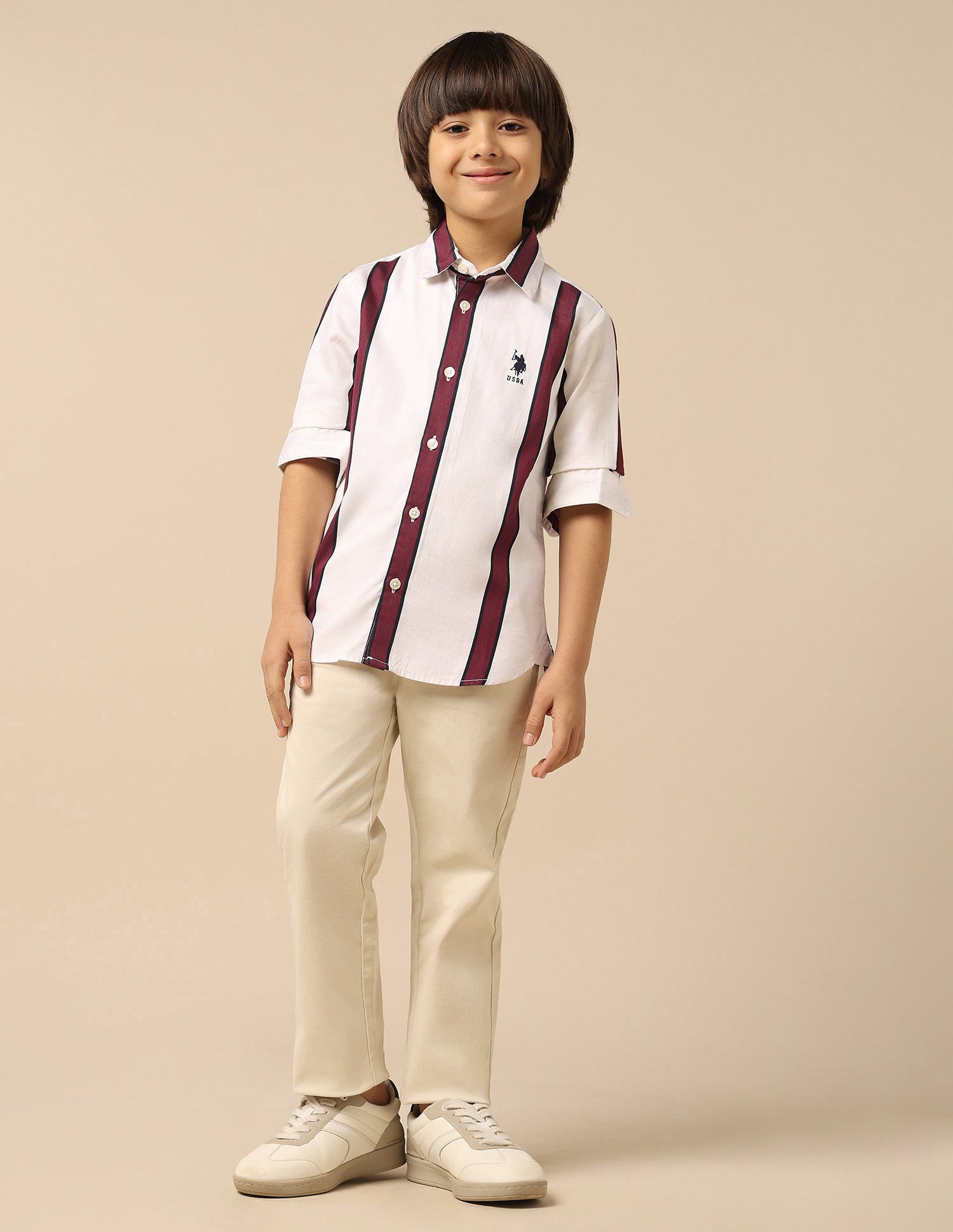 Boys Vertical Striped Twill Shirt Off White - U.S. POLO ASSN. | Large