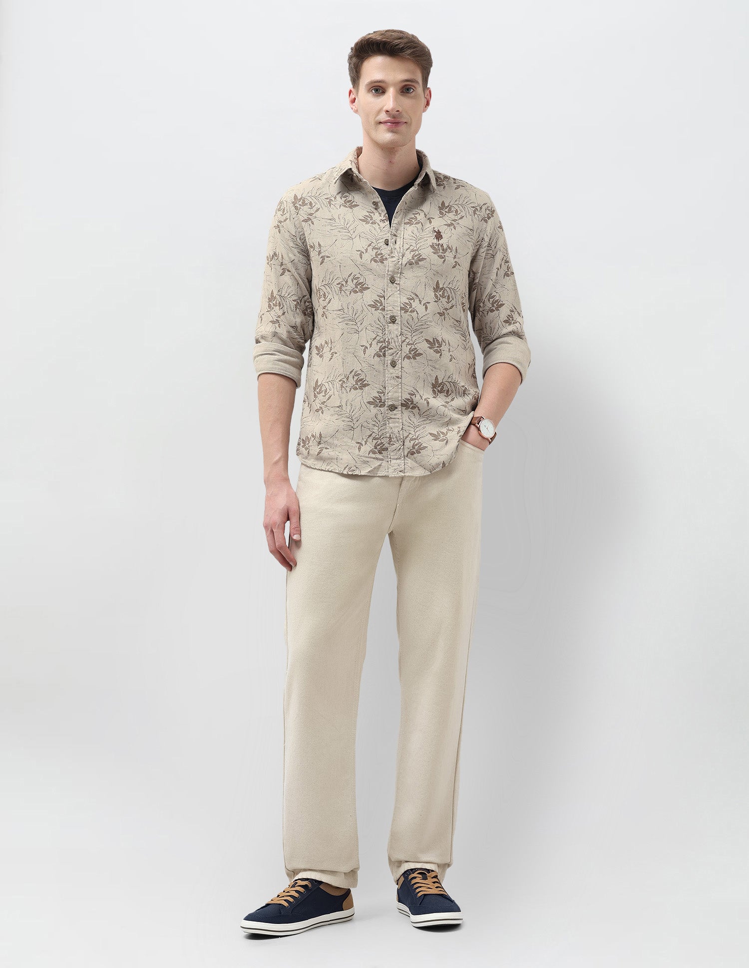 Tropical Printed Regular Fit Shirt Light Khaki - U.S. Polo Assn. India | Large