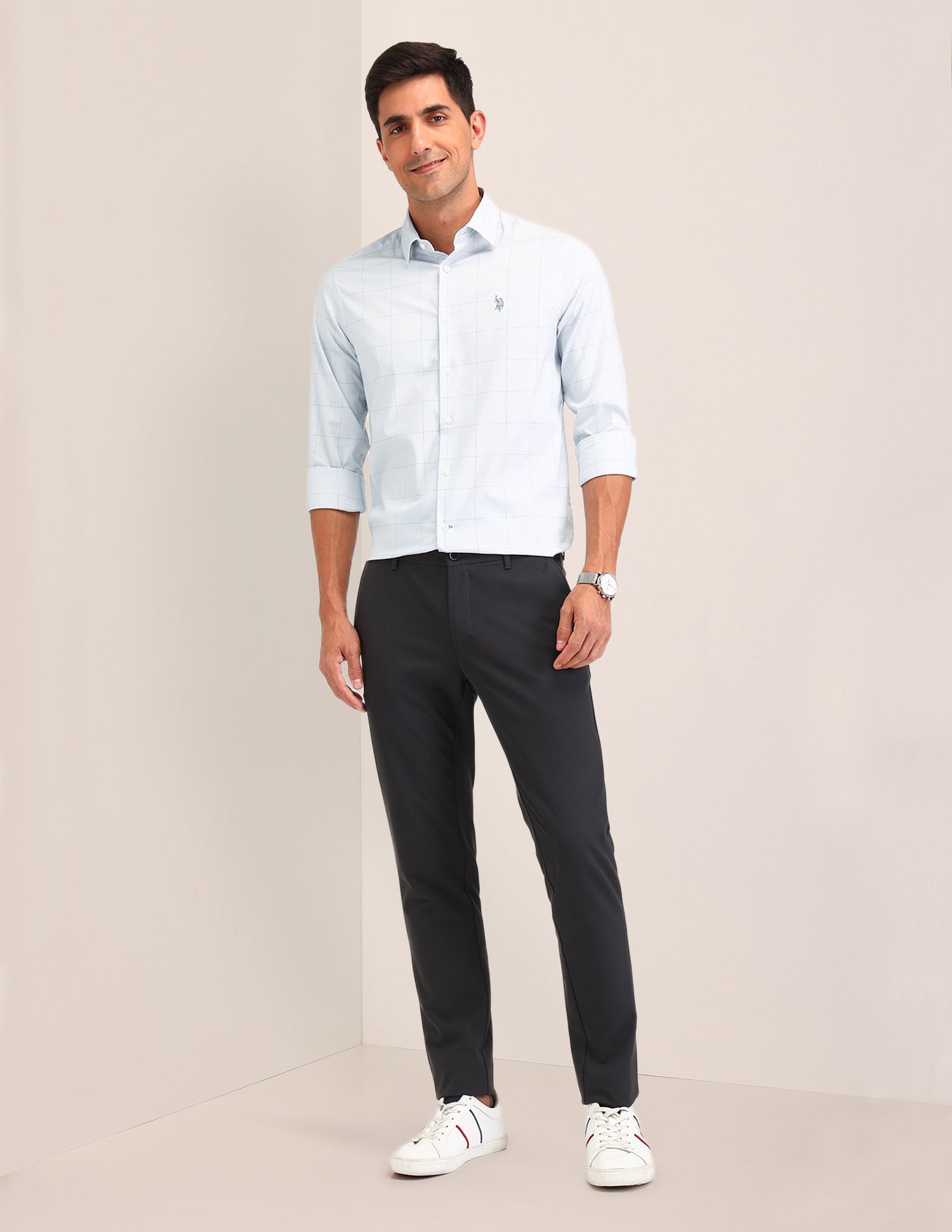Micro Check Printed Regular Fit Shirt Light Grey - U.S. Polo Assn. India | Large