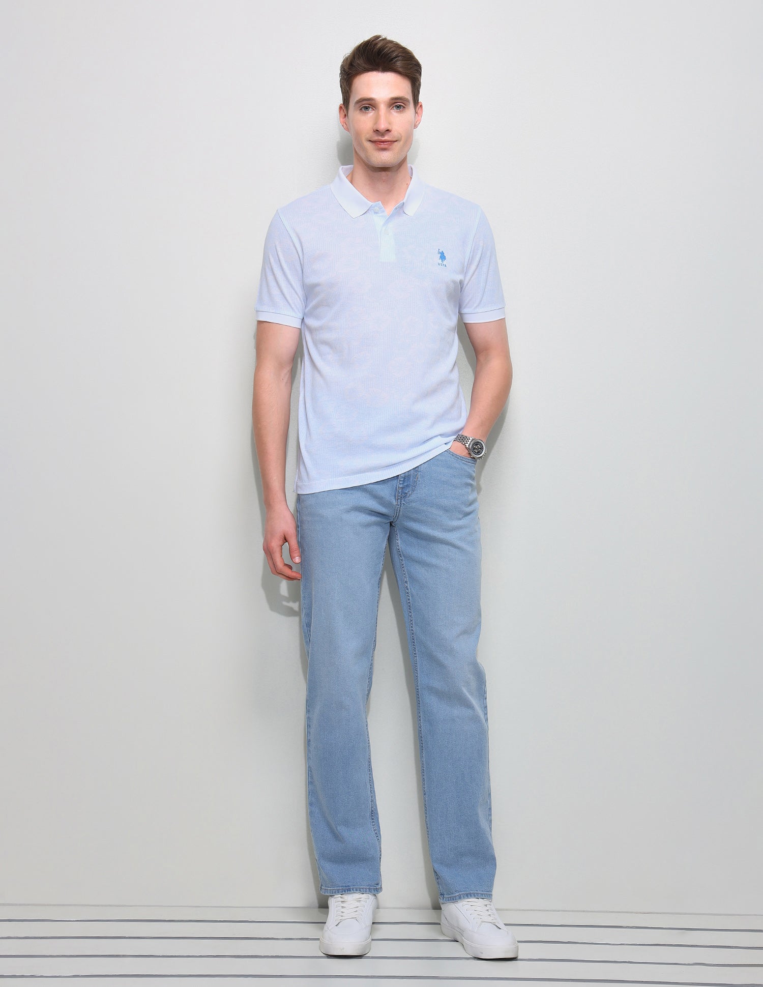 Floral Vertical Striped Slim Fit Polo Shirt Light Blue - U.S. Polo Assn. India | Large