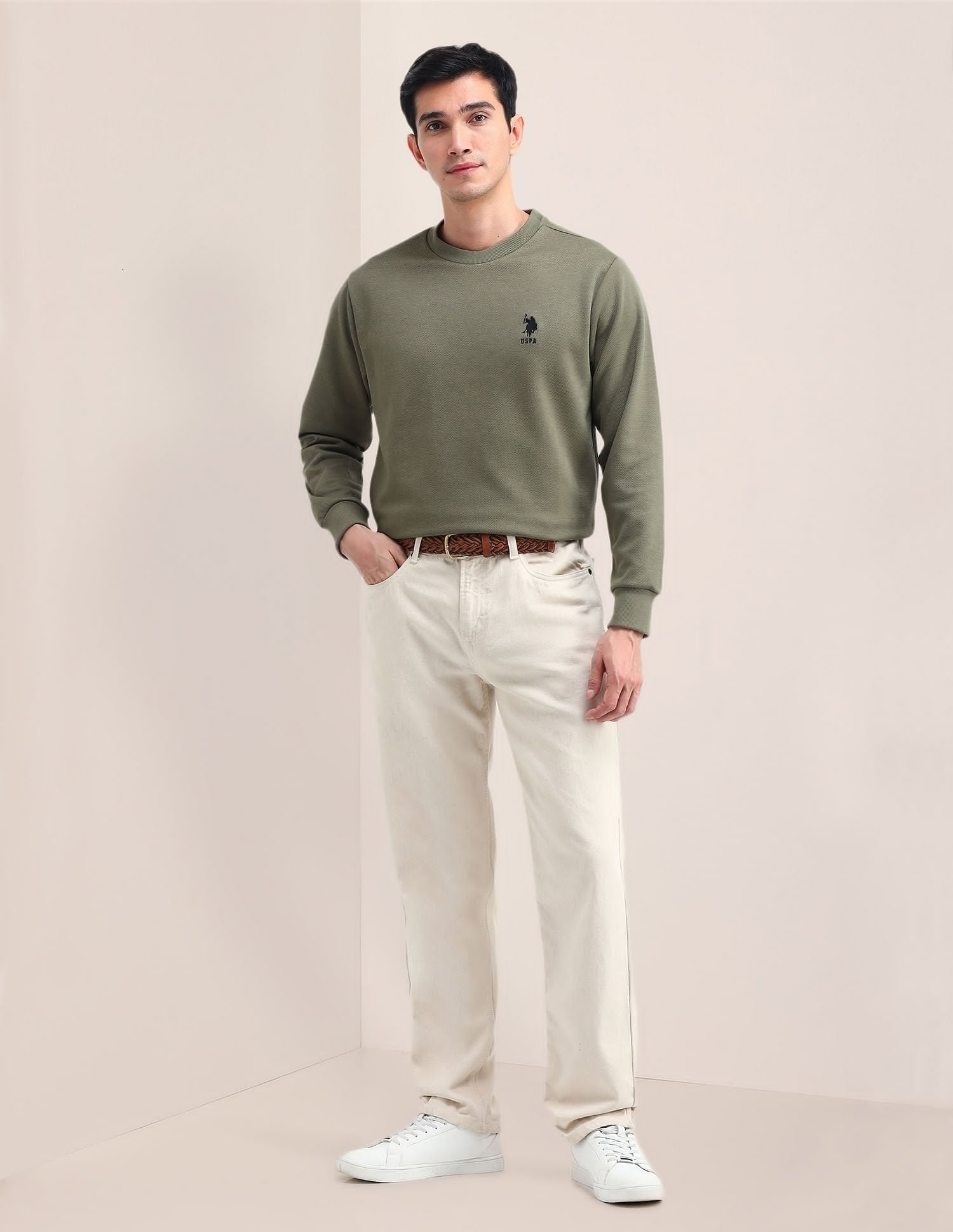 Patterned Knit Regular Fit Sweatshirt Olive - U.S. Polo Assn. India | Large
