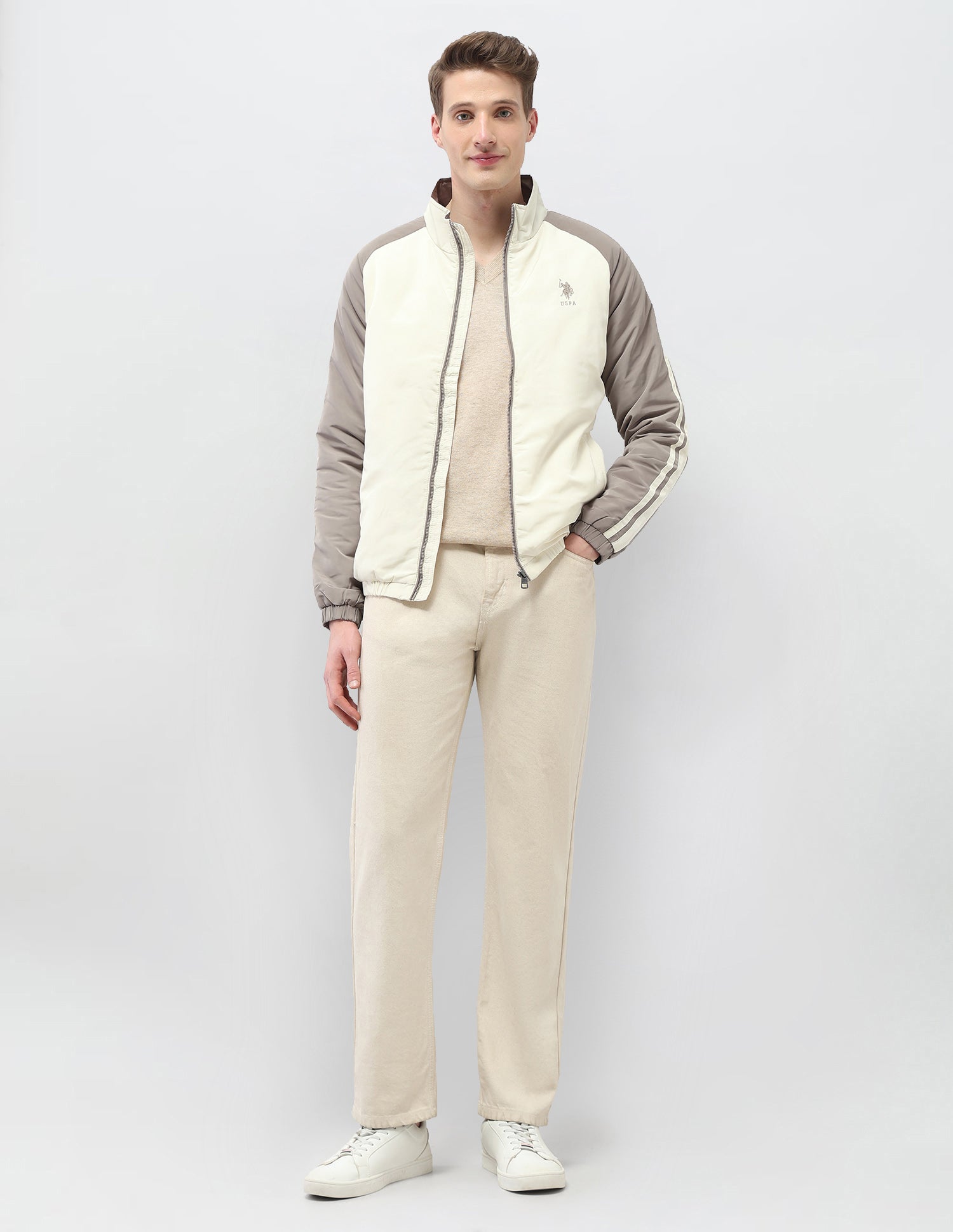 Colour Blocked Regular Fit Puffer Jacket Ivory - U.S. Polo Assn. India | Large