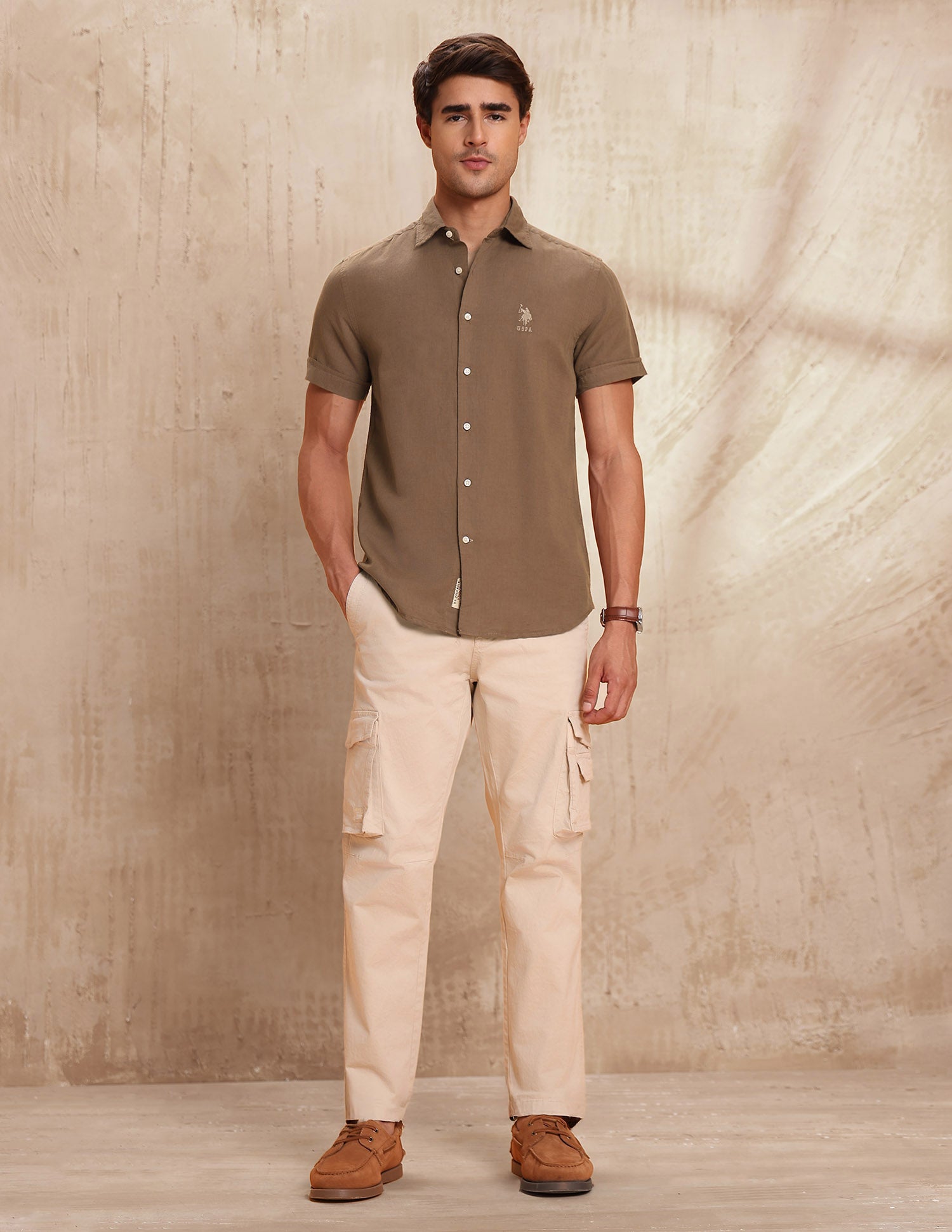Solid Slim Fit Shirt Khaki - U.S. Polo Assn. India | Large