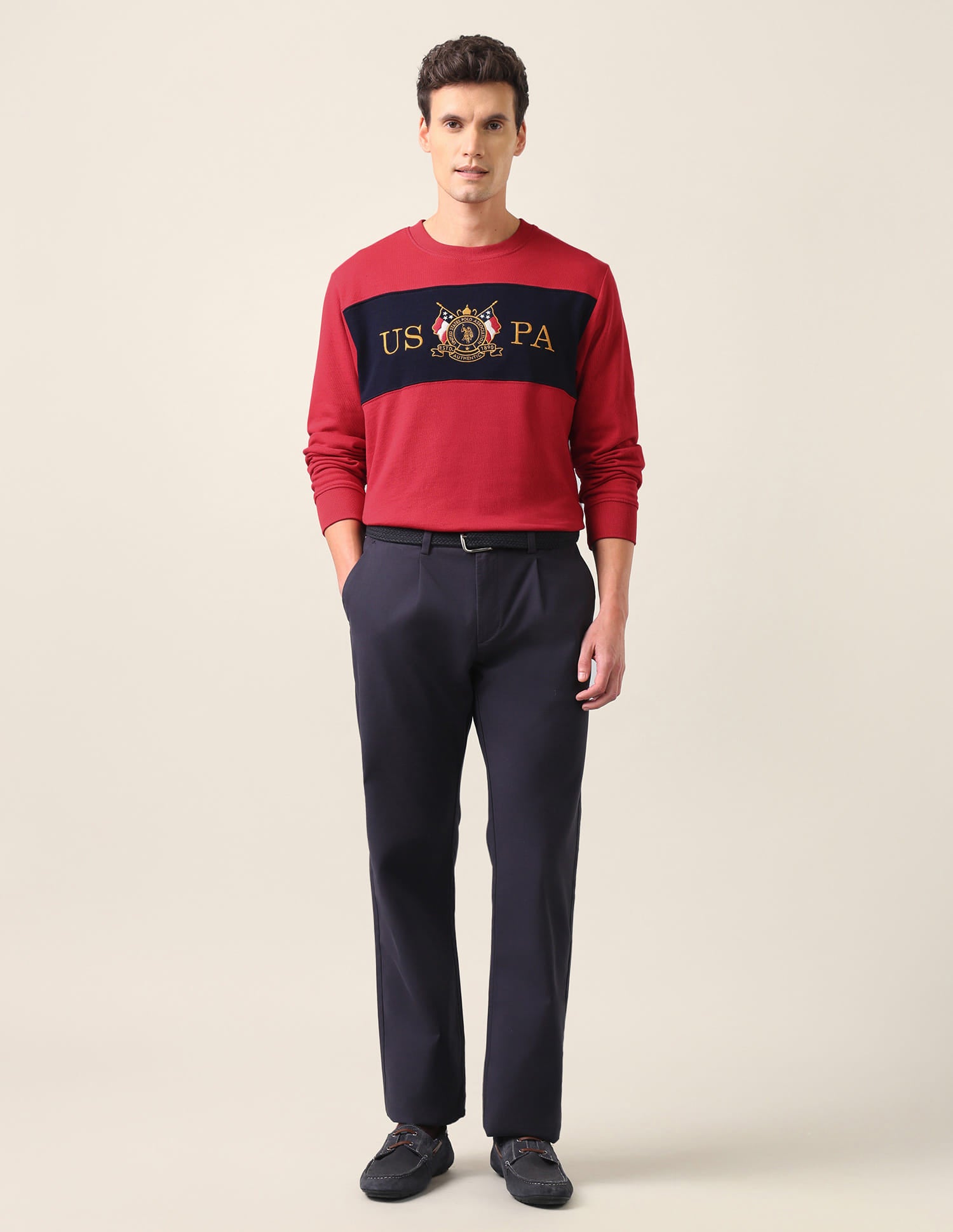 Crew Neck Solid Cotton Sweatshirt Red - U.S. Polo Assn. India | Large