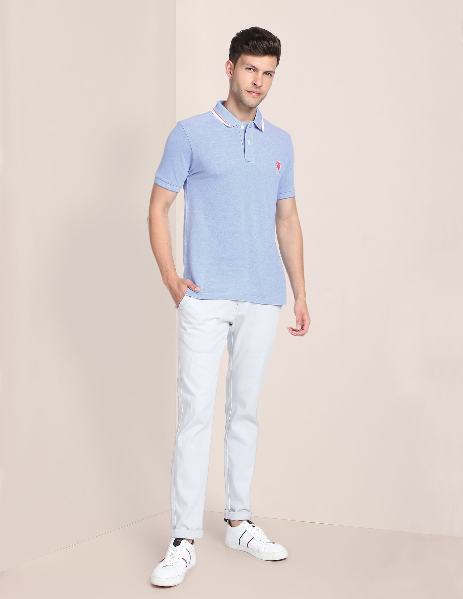 Striped Collar Birdseye Polo Shirt Light Blue - U.S. Polo Assn. India | Large