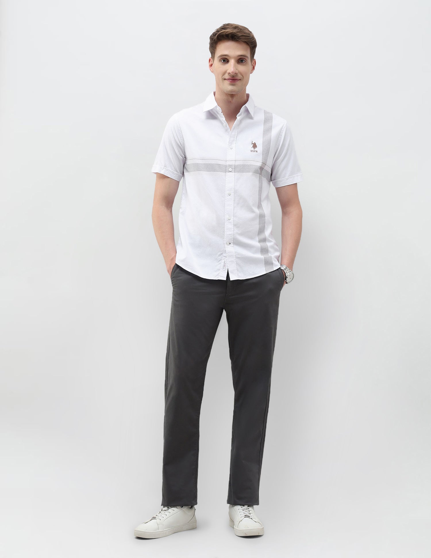 Tailored Fit Vertical Striped Shirt White - U.S. Polo Assn. India | Large